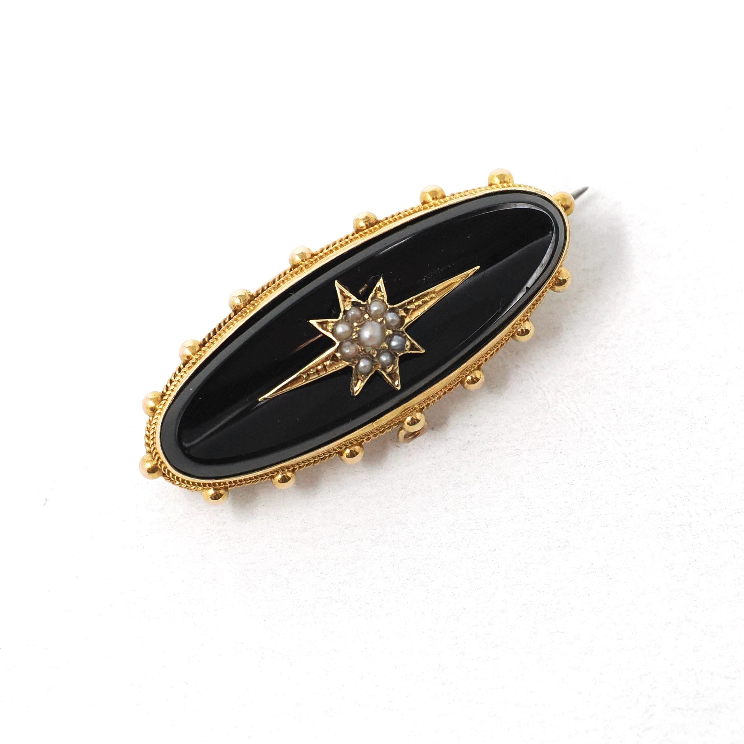 Antique Hair Brooch - Victorian 15CT Yellow Gold Black Onyx & Seed Pearls Star Pin - Circa 1880s Era Braided Fine Lapel Mourning Jewelry