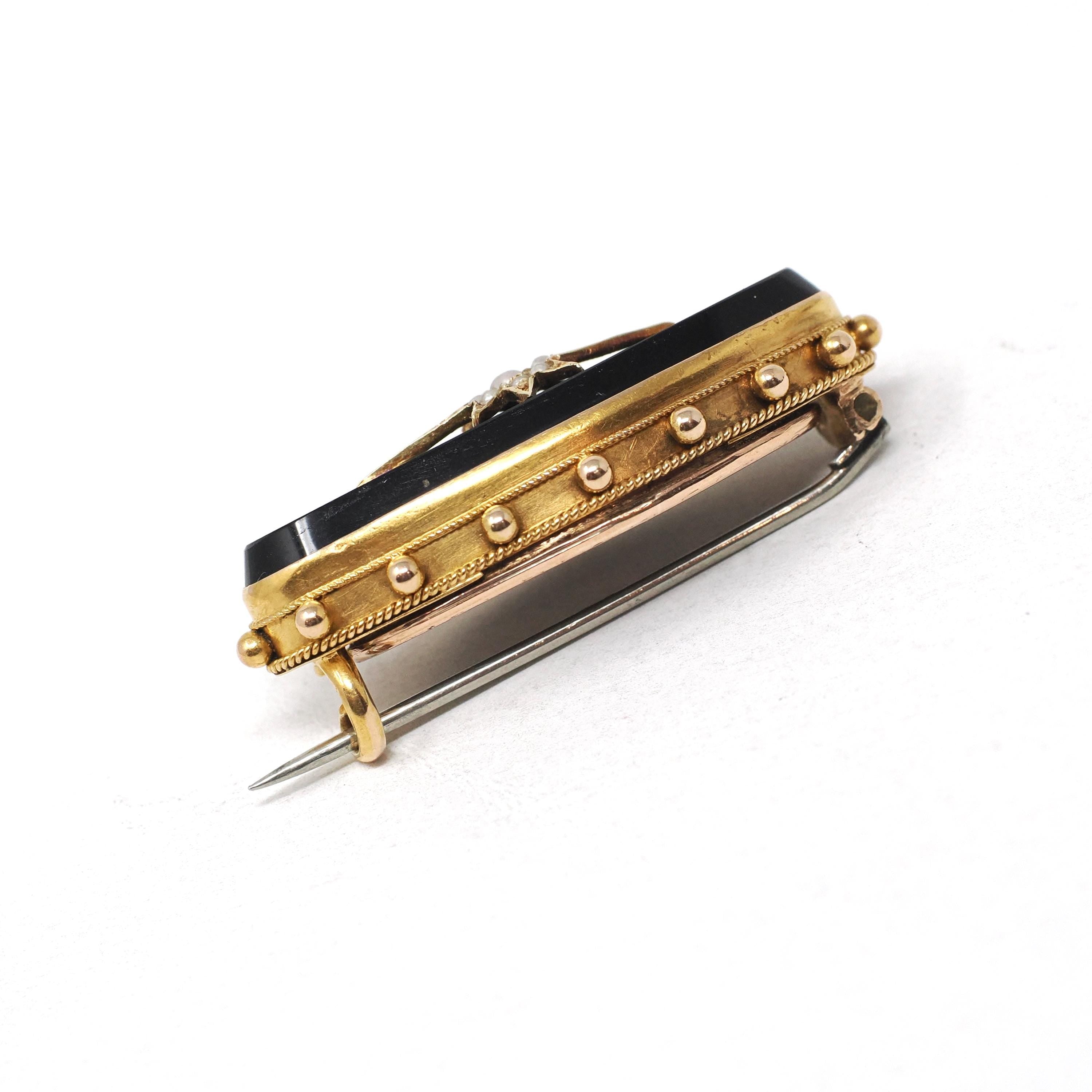 Antique Hair Brooch - Victorian 15CT Yellow Gold Black Onyx & Seed Pearls Star Pin - Circa 1880s Era Braided Fine Lapel Mourning Jewelry