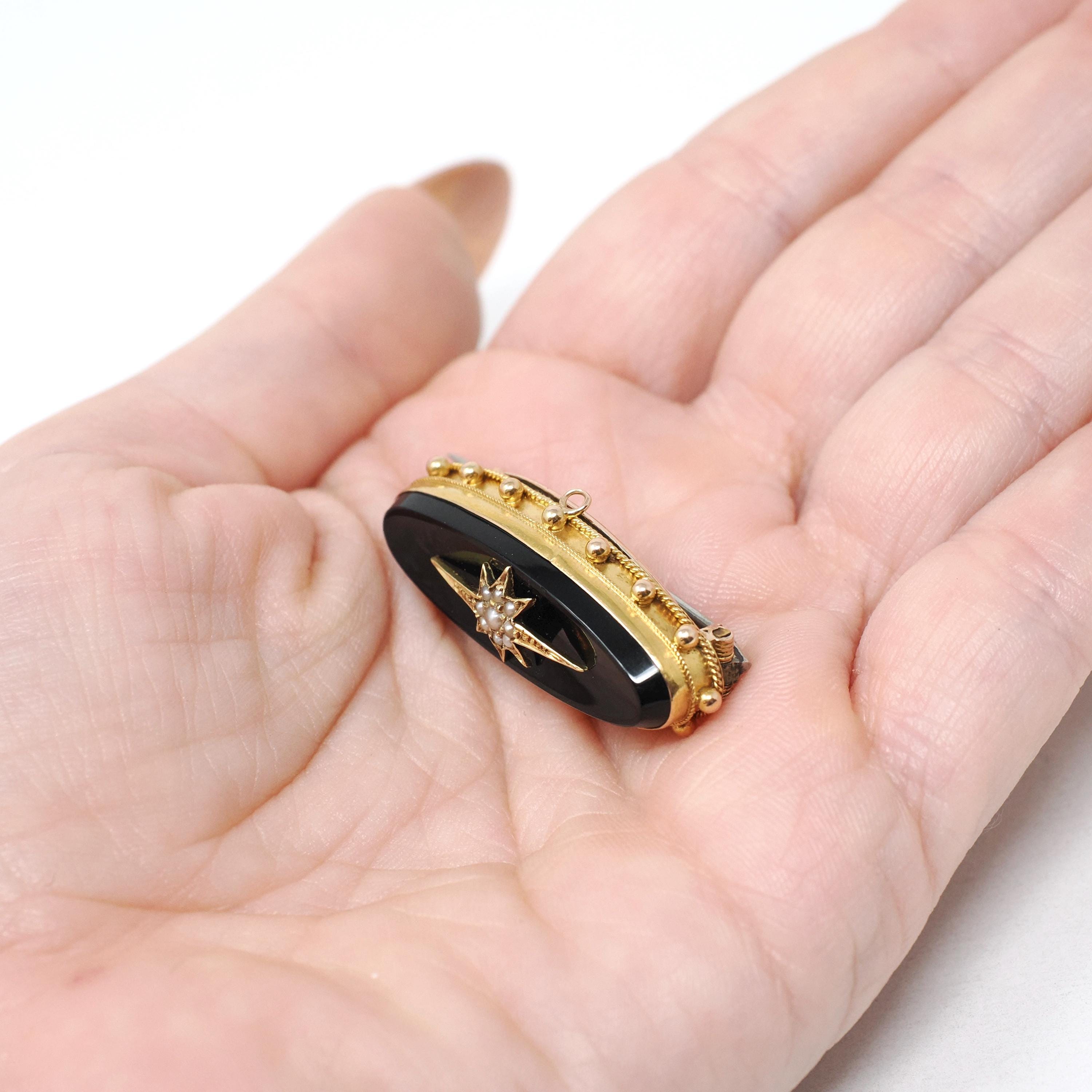 Antique Hair Brooch - Victorian 15CT Yellow Gold Black Onyx & Seed Pearls Star Pin - Circa 1880s Era Braided Fine Lapel Mourning Jewelry