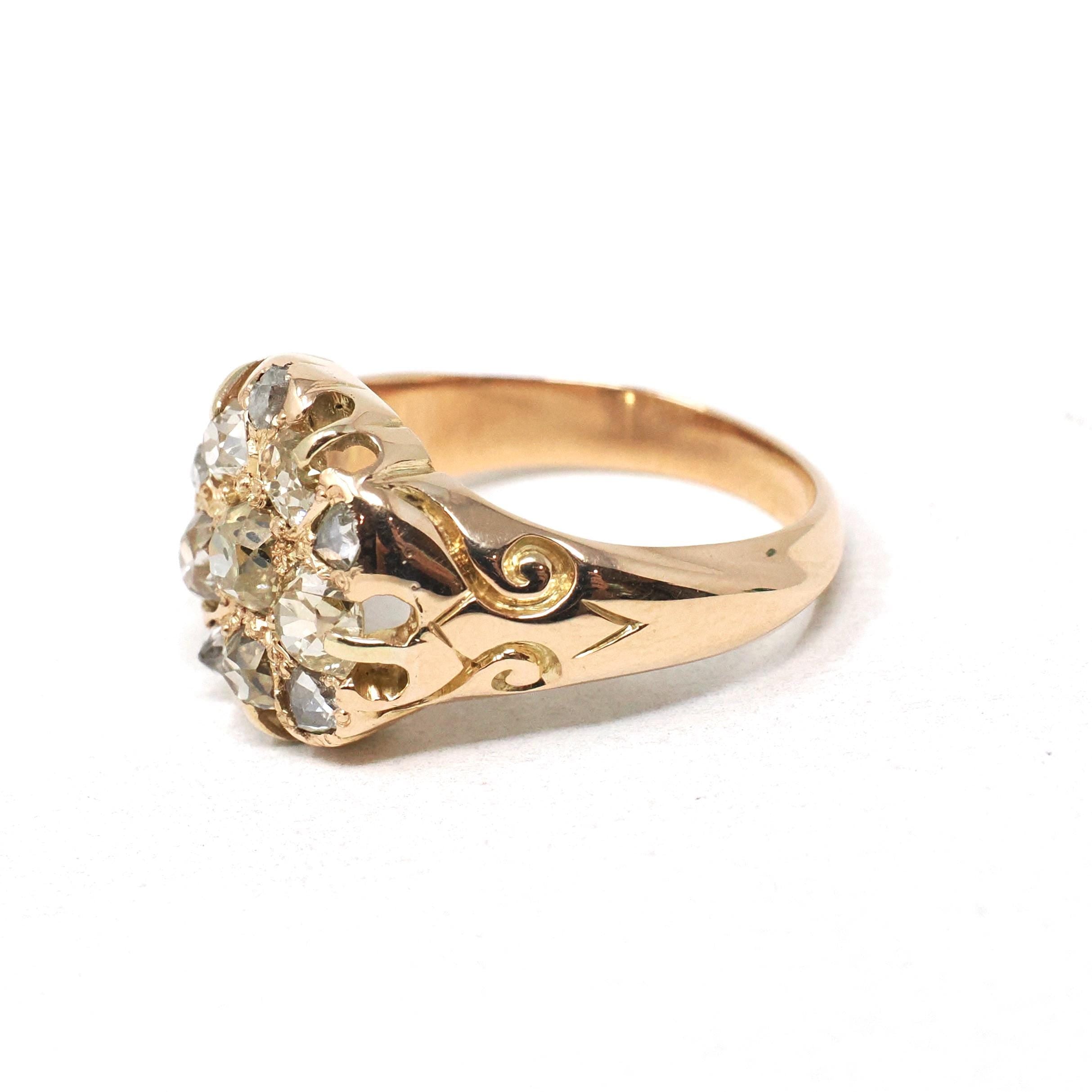 HOLDntique Cluster Ring - Victorian Era 14k Rose Gold Natural Rose Old Mine Cut Diamond 1.65 CTW Halo - 19th Century Size 7 1/2 Fine Jewelry