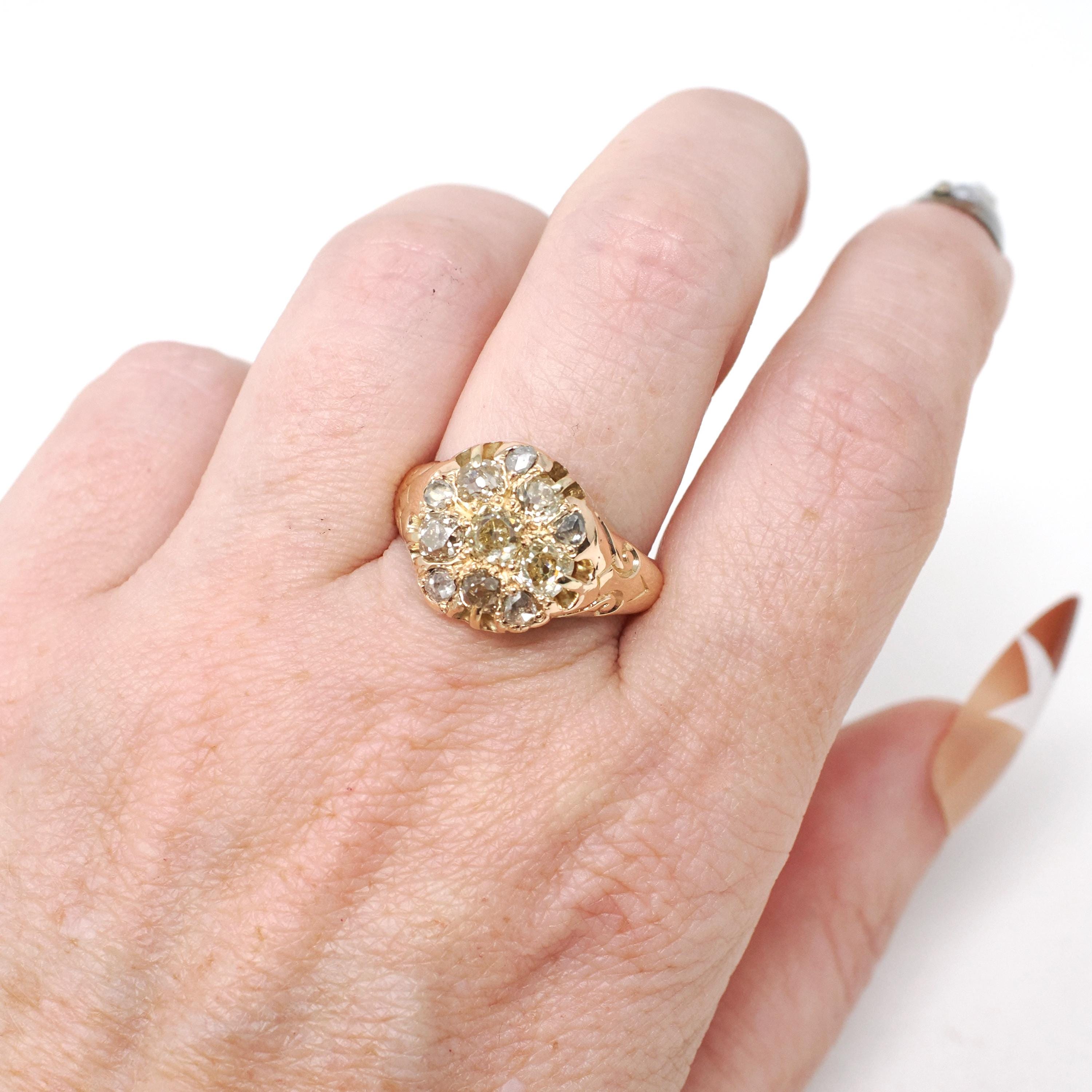 HOLDntique Cluster Ring - Victorian Era 14k Rose Gold Natural Rose Old Mine Cut Diamond 1.65 CTW Halo - 19th Century Size 7 1/2 Fine Jewelry