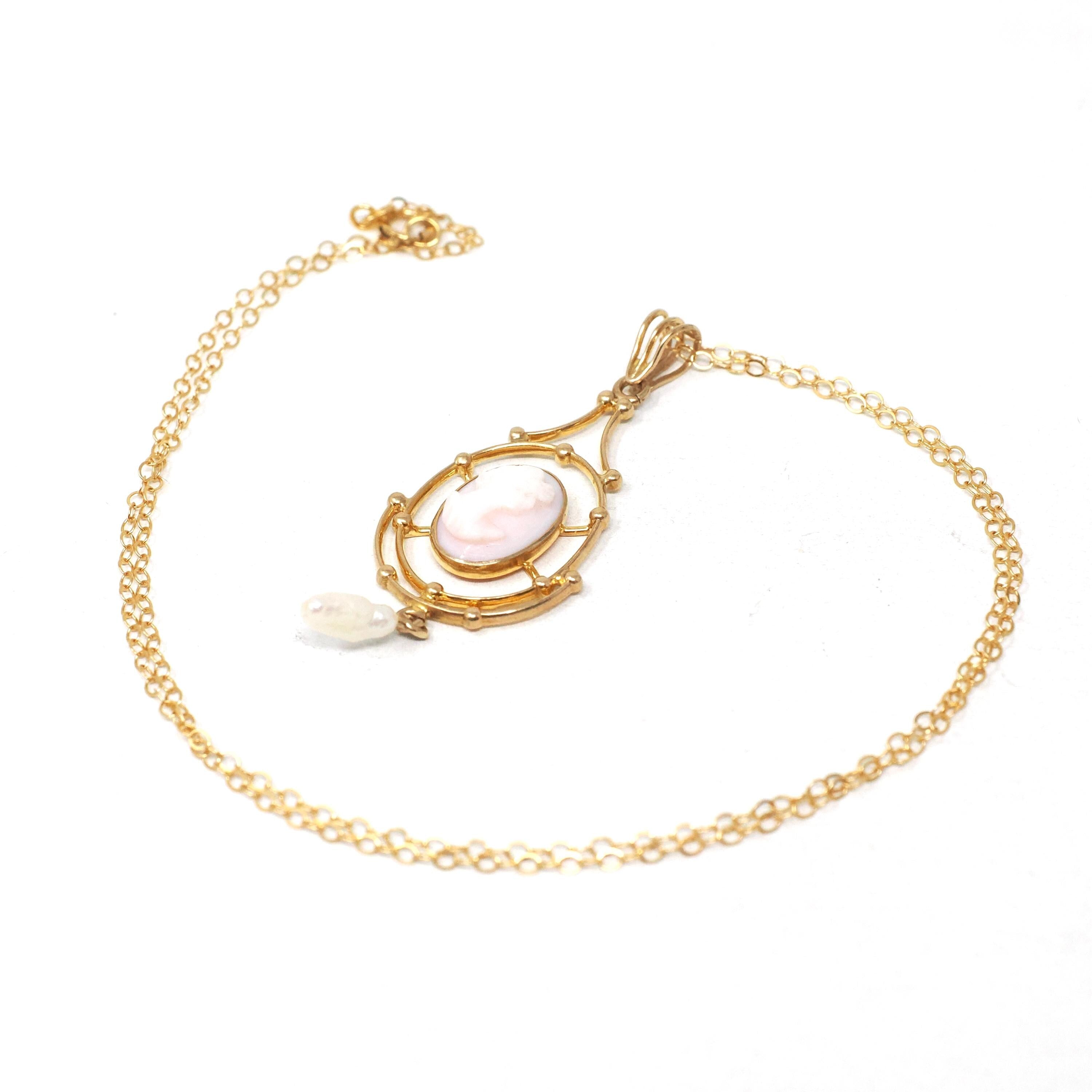 Antique Cameo Lavalier - Edwardian 10k Yellow Gold Carved Pink Shell Baroque Pearls Charm Pendant - Circa 1910s Era Necklace Fine Jewelry