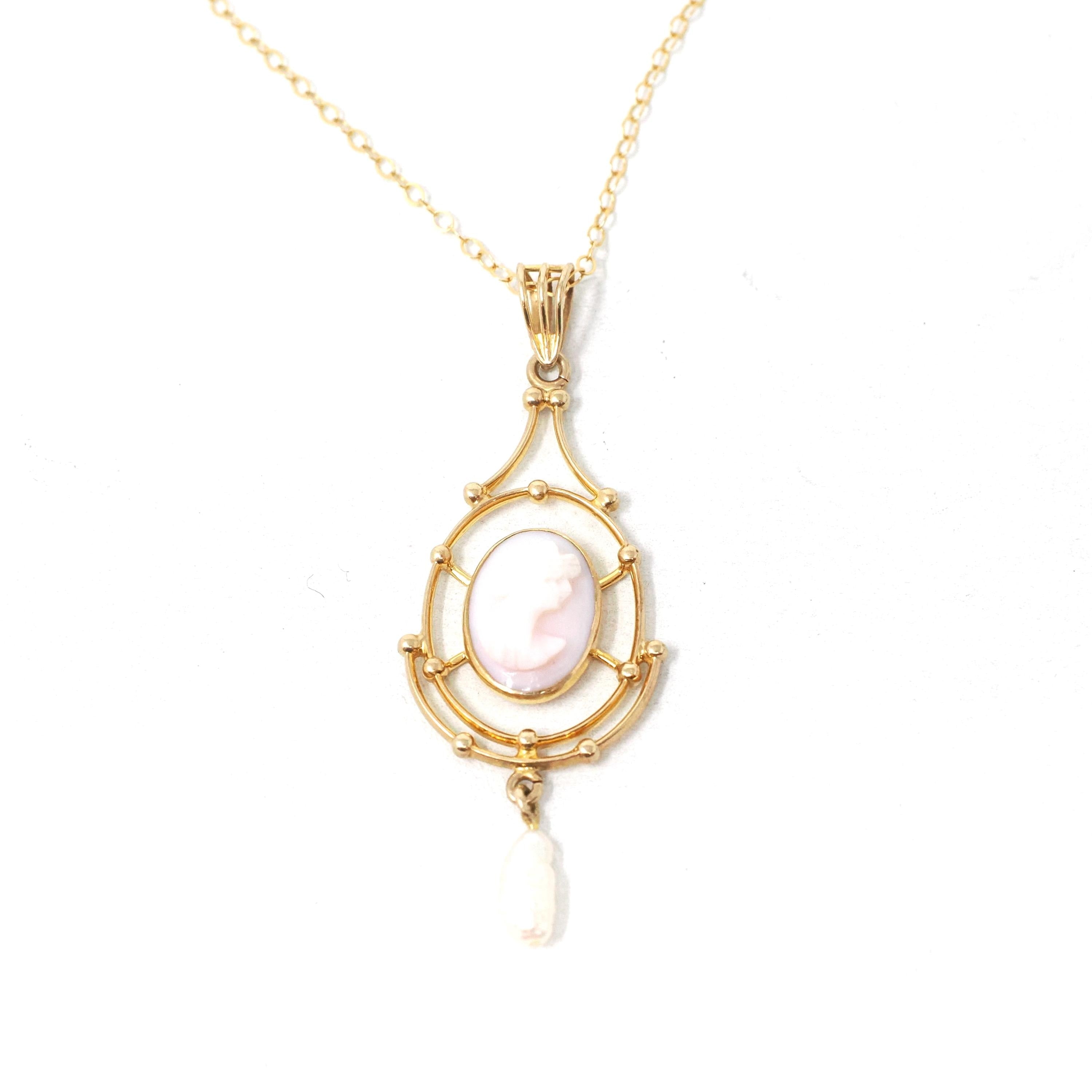 Antique Cameo Lavalier - Edwardian 10k Yellow Gold Carved Pink Shell Baroque Pearls Charm Pendant - Circa 1910s Era Necklace Fine Jewelry