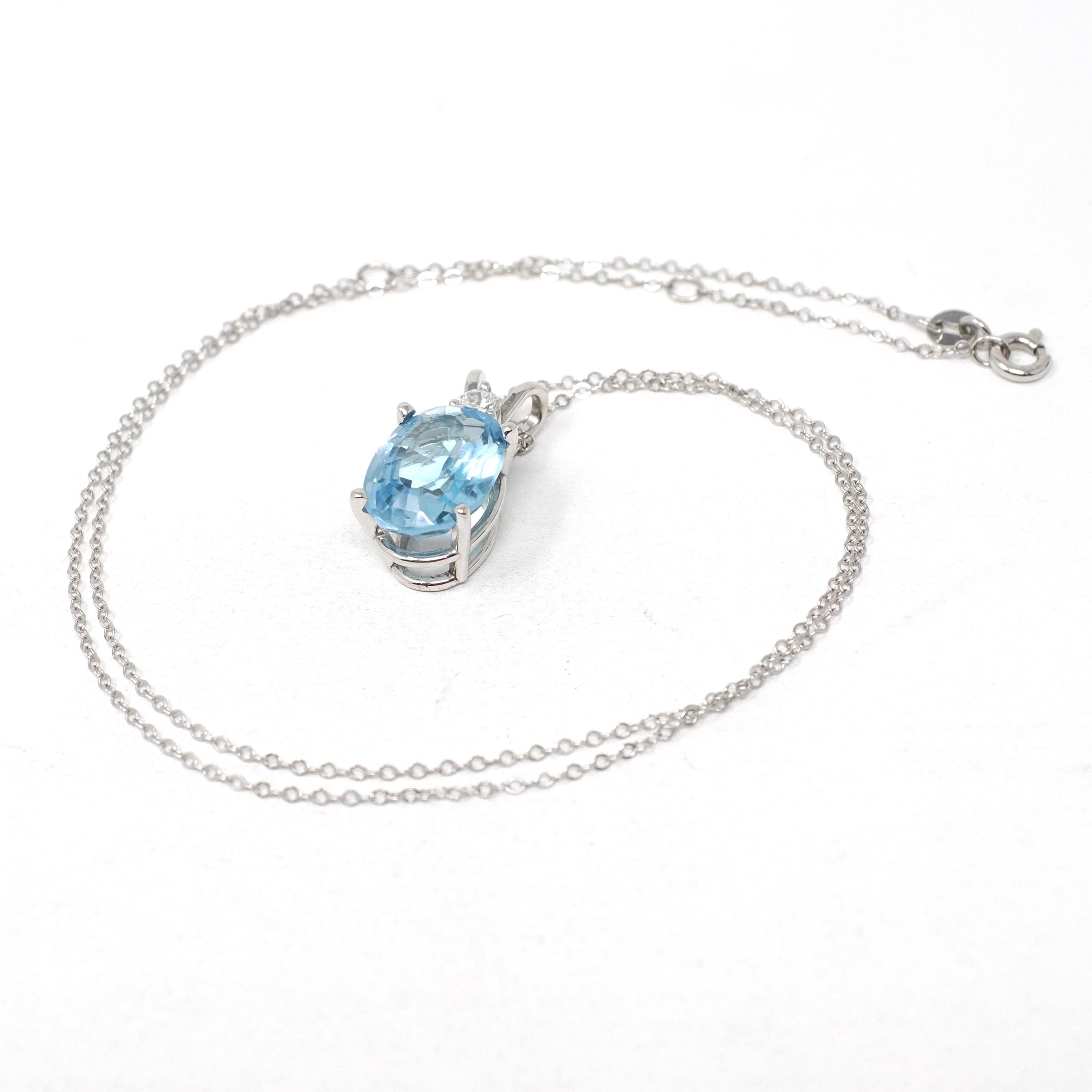 Blue Topaz Pendant - Estate 14k White Gold Oval Faceted 5.17 CT Blue Gem - Modern Circa 2000s Era Diamond Necklace Fine Statement Jewelry