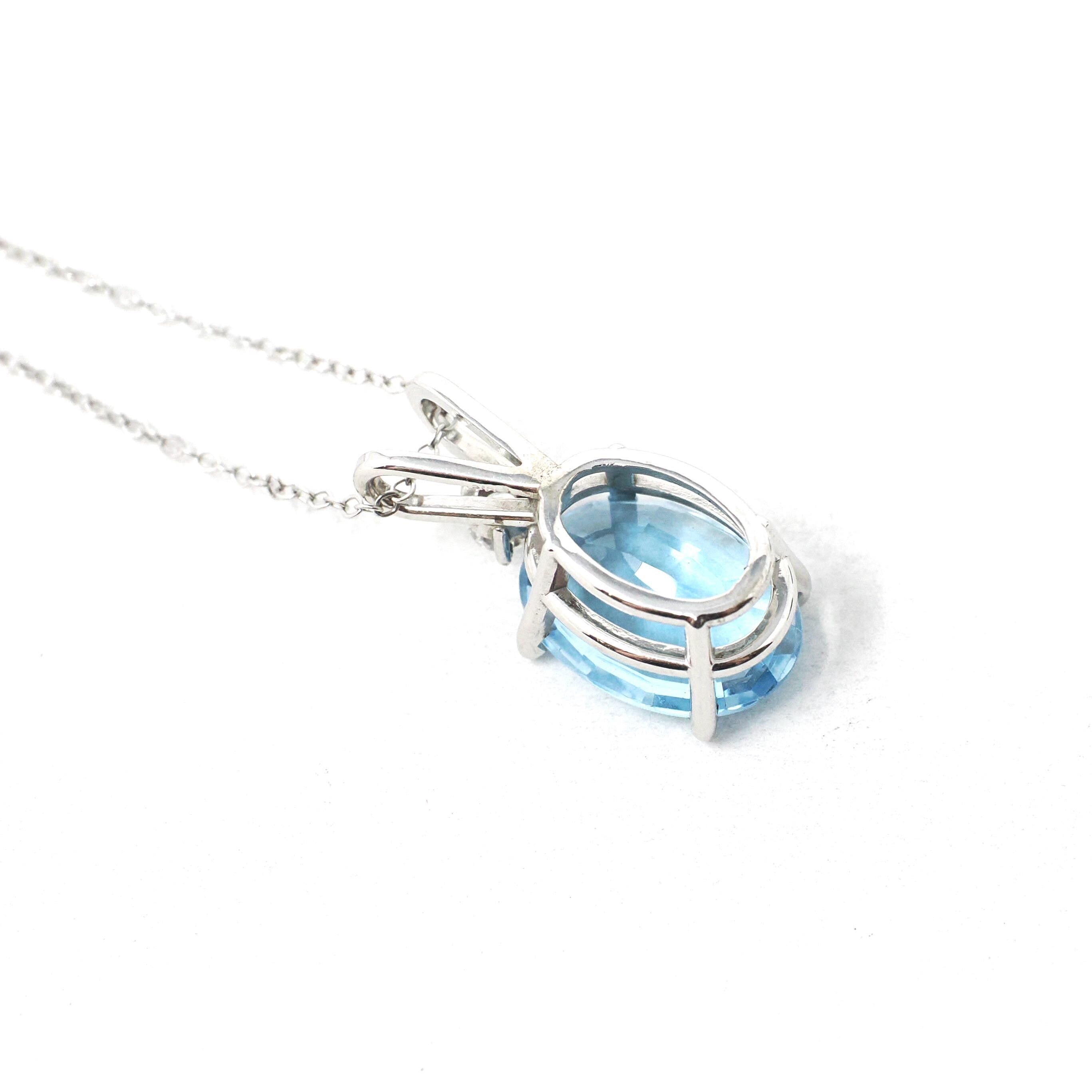 Blue Topaz Pendant - Estate 14k White Gold Oval Faceted 5.17 CT Blue Gem - Modern Circa 2000s Era Diamond Necklace Fine Statement Jewelry