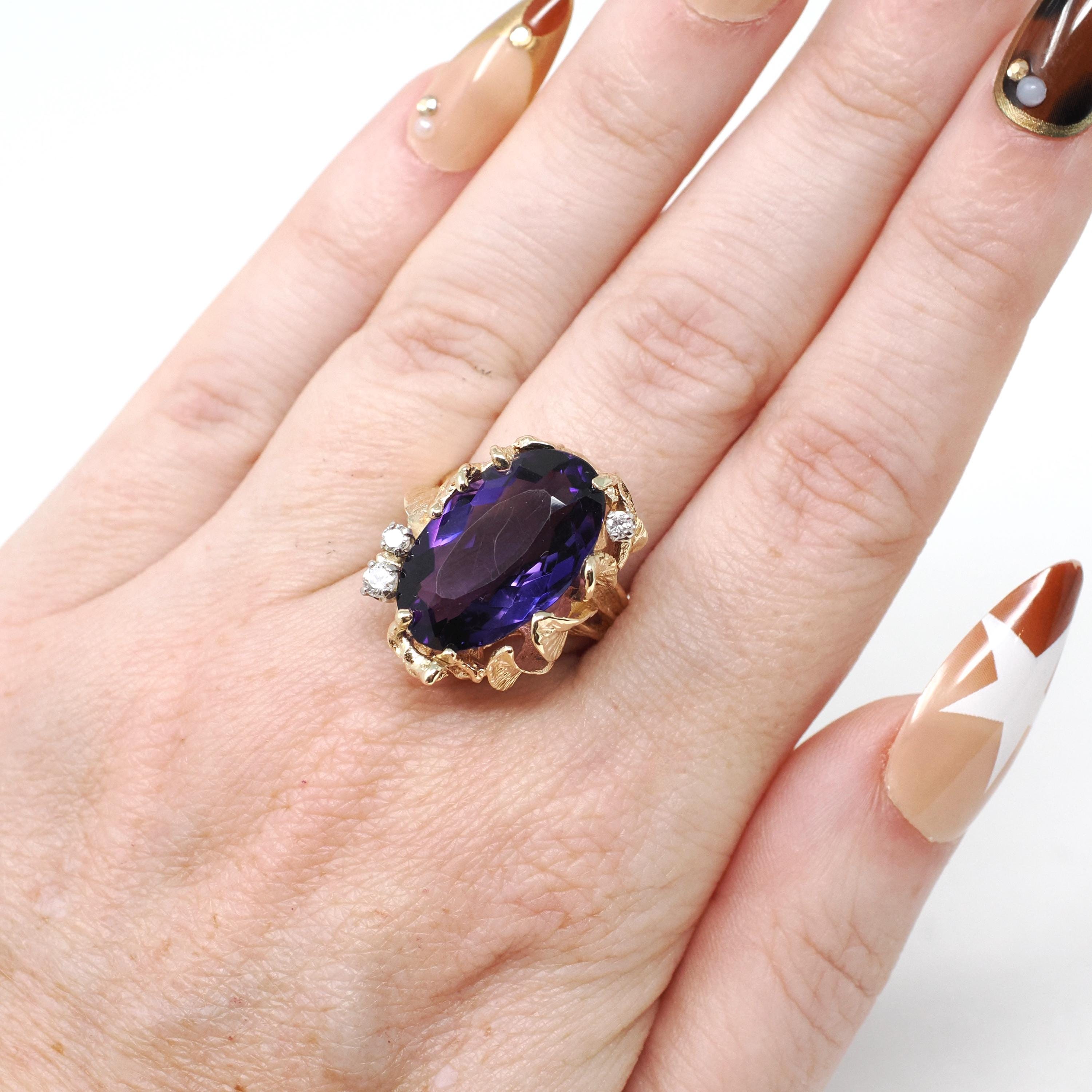 Vintage Amethyst Ring - Modern 14k Yellow Gold Natural Purple 9.78 CT Gem Diamonds - Estate Circa 1980s Size 6 1/4 Leaf Nature Fine Jewelry