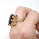 Vintage Amethyst Ring - Modern 14k Yellow Gold Natural Purple 9.78 CT Gem Diamonds - Estate Circa 1980s Size 6 1/4 Leaf Nature Fine Jewelry