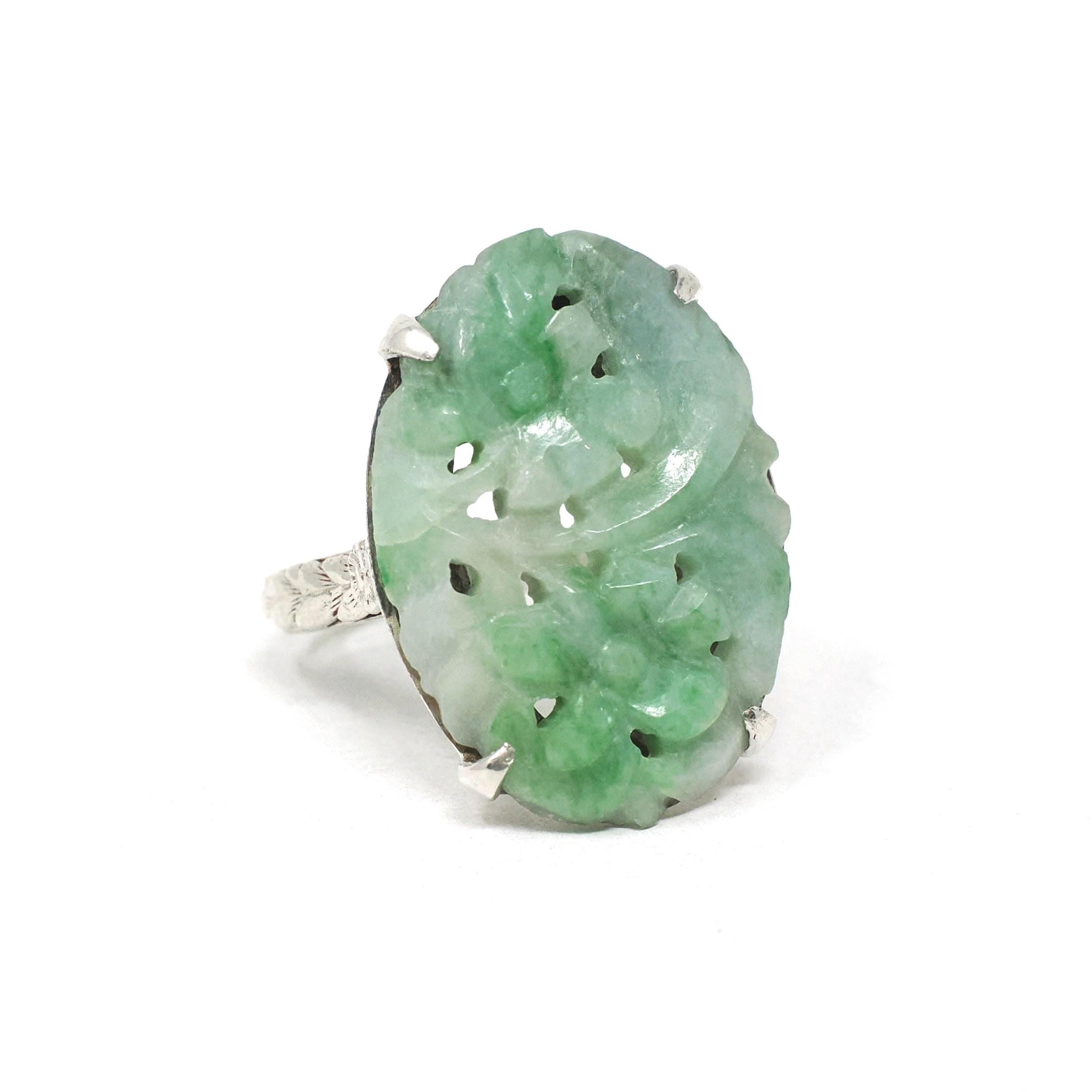 Carved Jadeite Ring - Antique Sterling Silver Natural Green White Floral Gemstone - Art Nouveau Era Circa 1900s Size 5 Fine Shield Jewelry