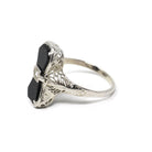 Hourglass Onyx Ring - Art Deco Era 14k White Gold Black Chalcedony Statement Filigree - Antique Circa 1920s Era Size 7 Diamond Fine Jewelry