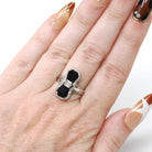 Hourglass Onyx Ring - Art Deco Era 14k White Gold Black Chalcedony Statement Filigree - Antique Circa 1920s Era Size 7 Diamond Fine Jewelry