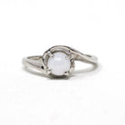 Created Star Sapphire Ring - Vintage 14k White Gold White Cabochon Gem - Retro Circa 1970s Era Size 3 3/4 Bypass Fine Statement 70s Jewelry
