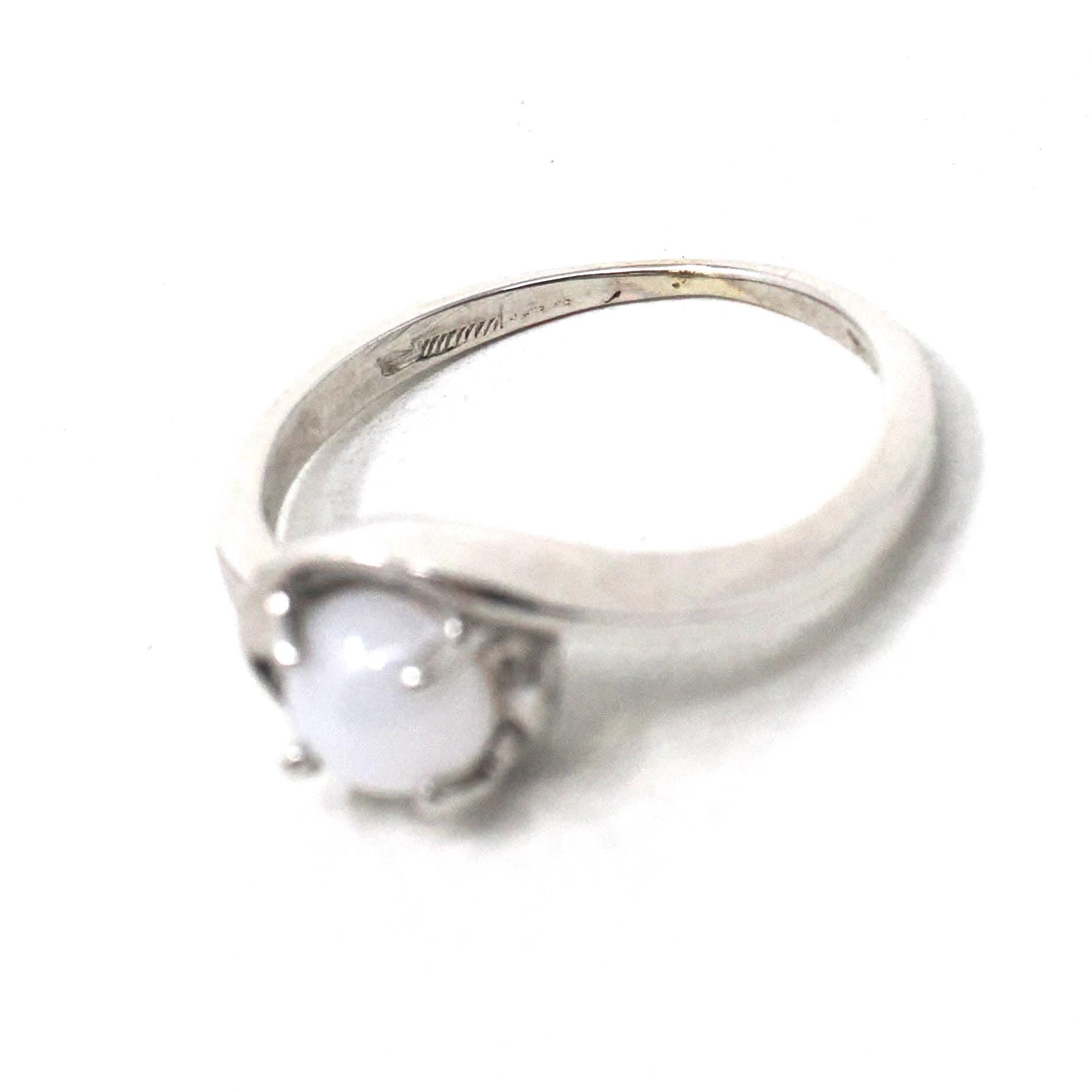 Created Star Sapphire Ring - Vintage 14k White Gold White Cabochon Gem - Retro Circa 1970s Era Size 3 3/4 Bypass Fine Statement 70s Jewelry
