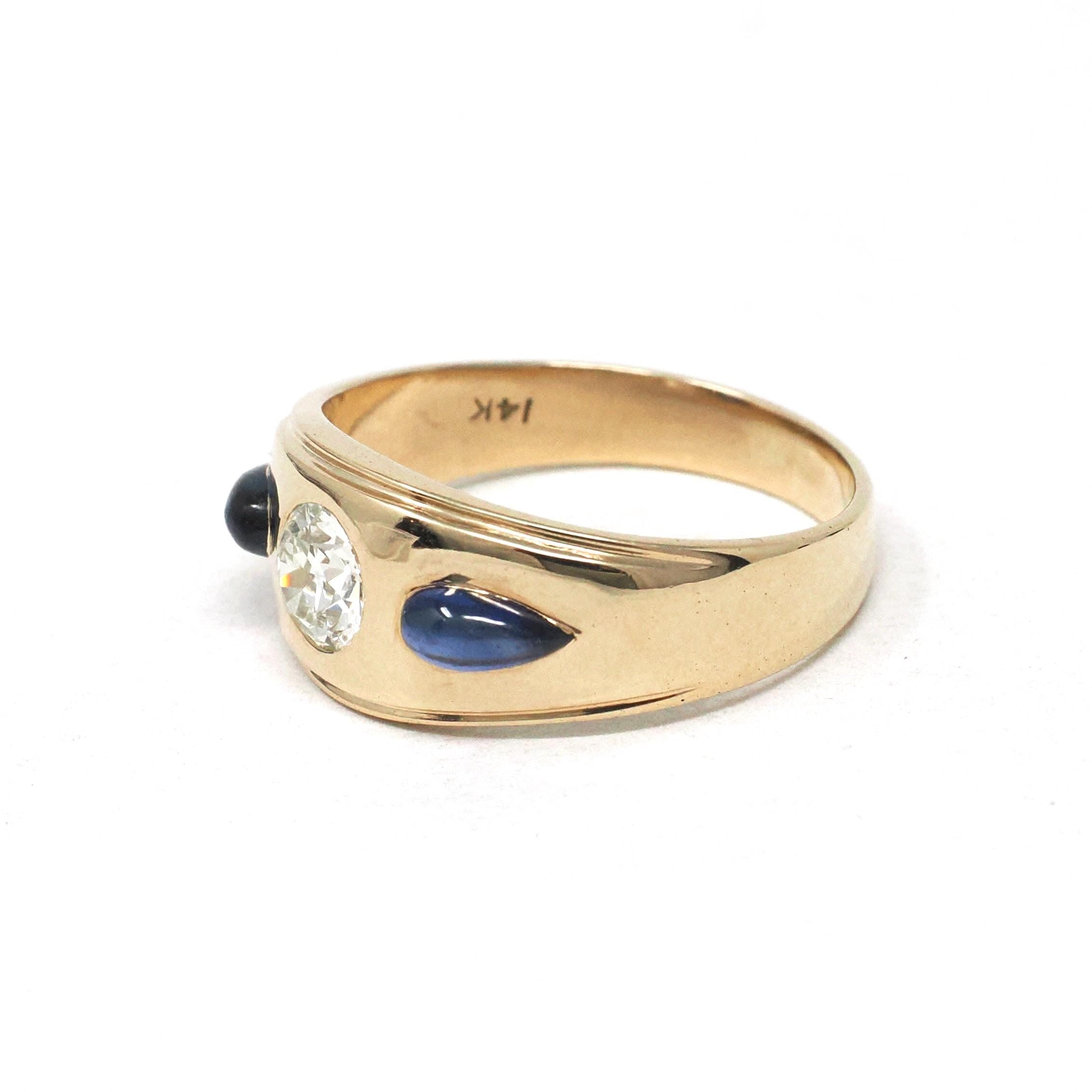 Diamond & Created Sapphire Ring - Mid Century 14k Yellow Gold Natural .57CT Old European Cut Band - Circa 1960s Size 9.5 Fine Bridal Jewelry