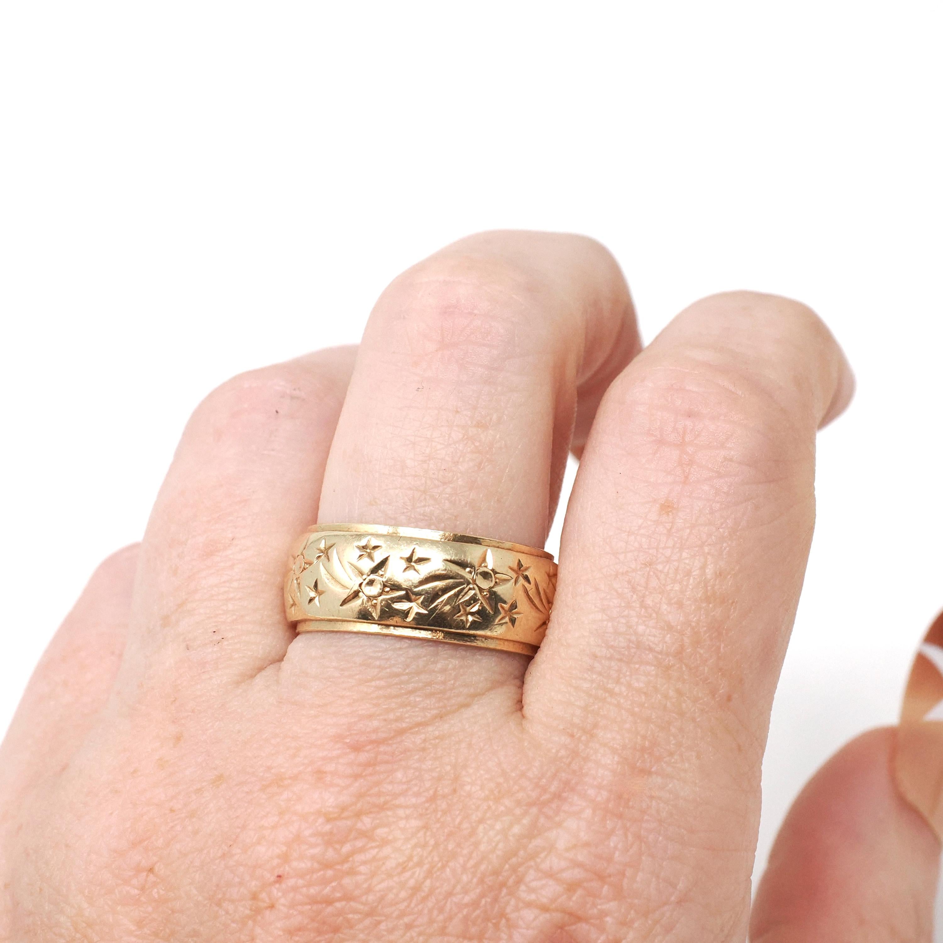 Vintage Shooting Star Band - Retro 14k Yellow Gold 8.5 MM Unisex Celestial Wedding Ring - Circa 1960s Size 8 1/2 Bridal Thumb Fine Jewelry