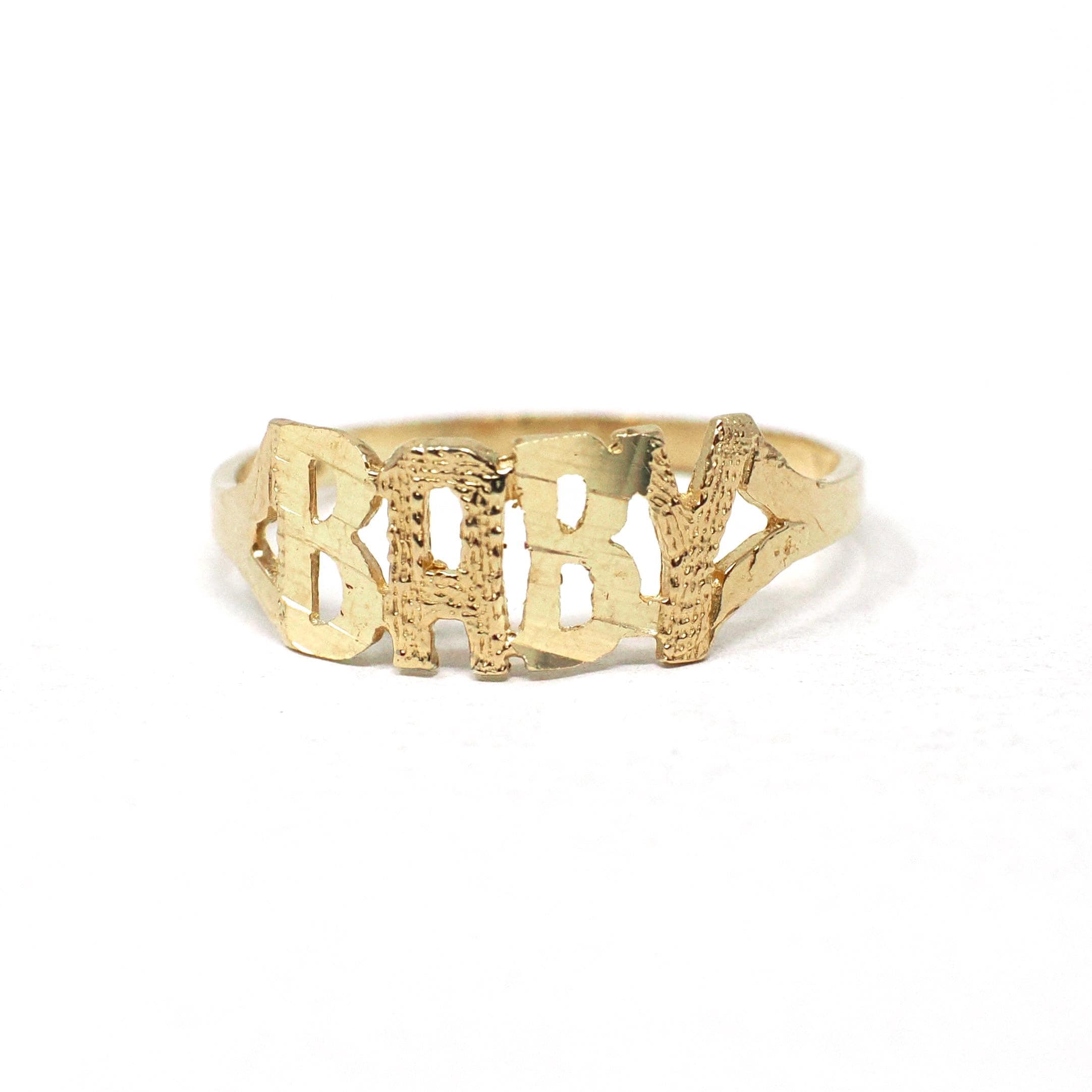 Vintage "Baby" Ring - Estate 10k Yellow Gold Textured Child Pet Name Band - Circa 1990s Era Size 3 3/4 Petite Dainty Newborn Fine Jewelry