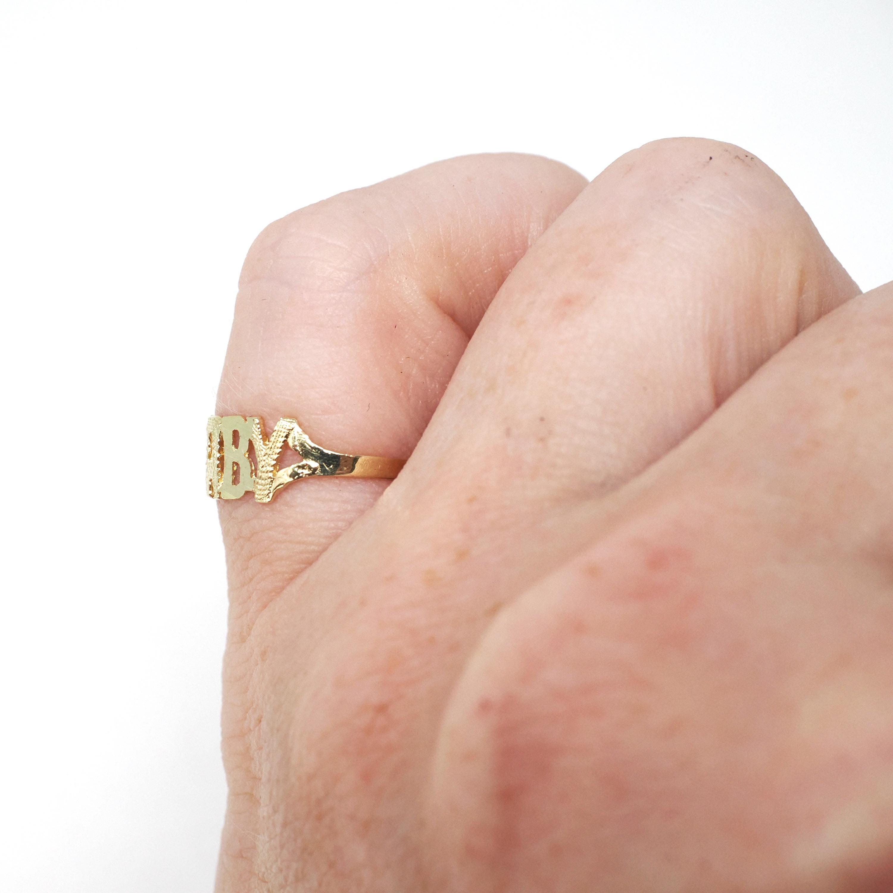 Vintage "Baby" Ring - Estate 10k Yellow Gold Textured Child Pet Name Band - Circa 1990s Era Size 3 3/4 Petite Dainty Newborn Fine Jewelry