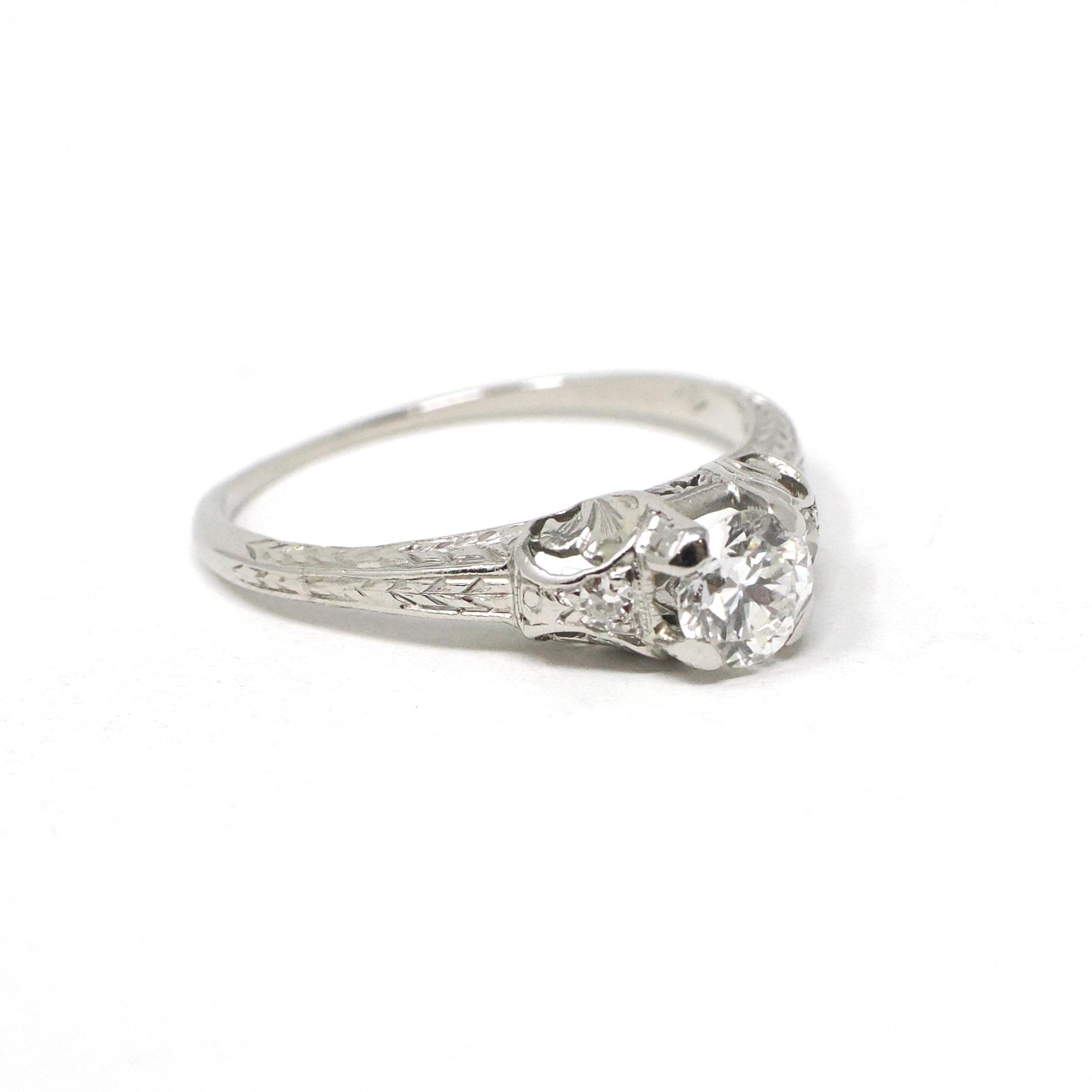 Vintage Engagement Ring - Art Deco Platinum Natural Diamond Wedding - Circa 1930s Era Size 6 1/2 Bridal Wheat Design Fine Statement Jewelry