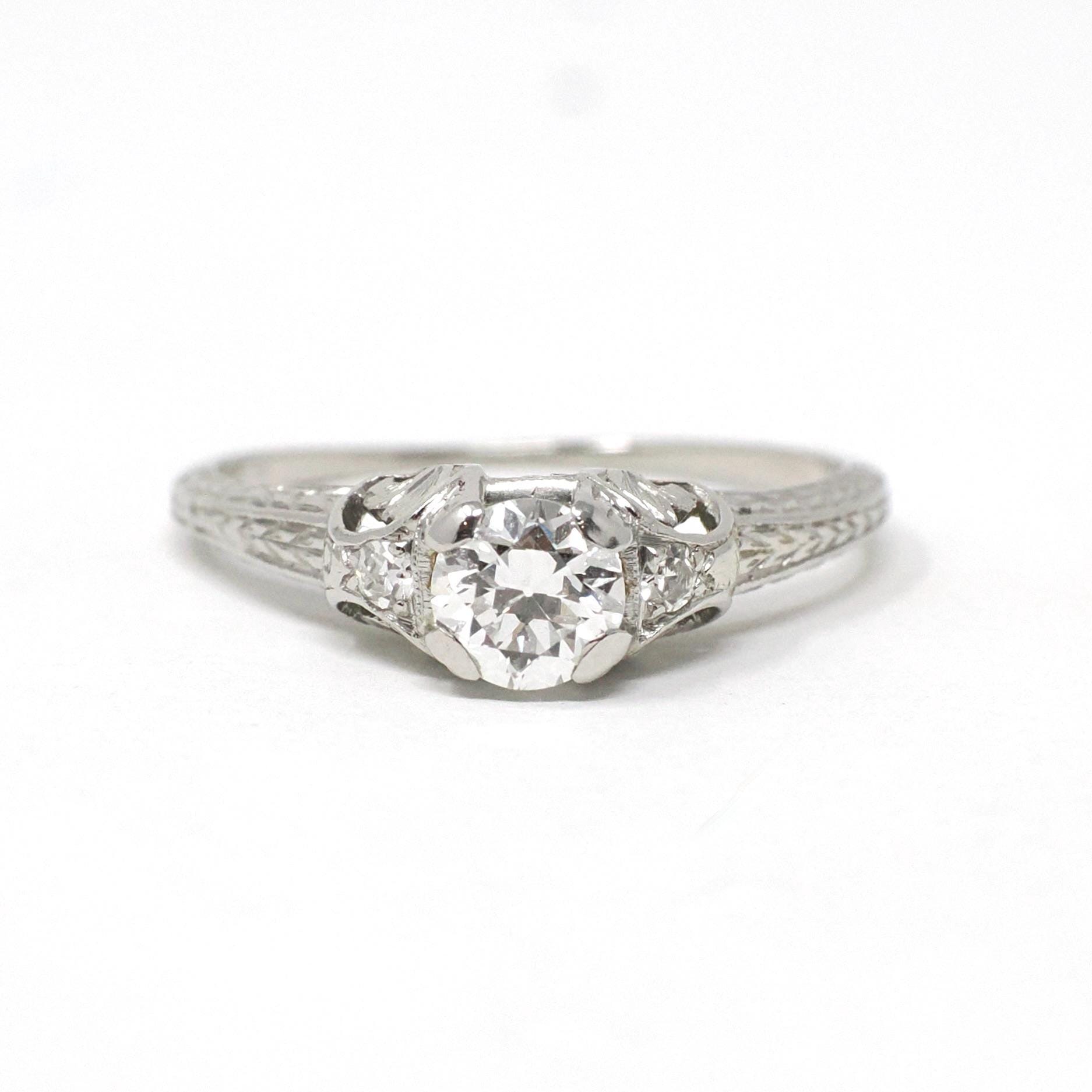 Vintage Engagement Ring - Art Deco Platinum Natural Diamond Wedding - Circa 1930s Era Size 6 1/2 Bridal Wheat Design Fine Statement Jewelry