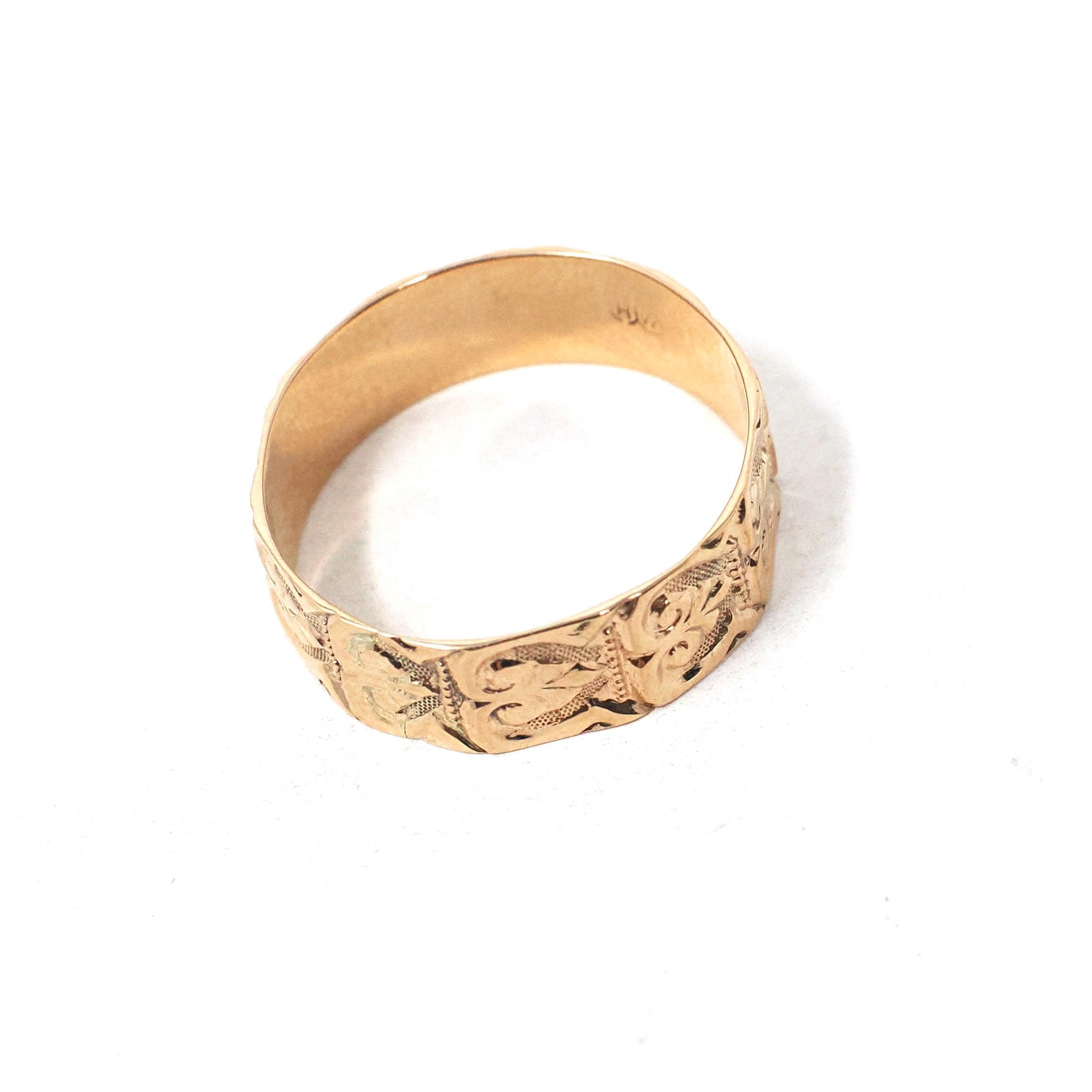 Antique Cigar Band - Edwardian 10k Rose Gold Nature Inspired Scroll Floral Design Ring - Circa 1890s Era Size 8 1/4 Statement Fine Jewelry