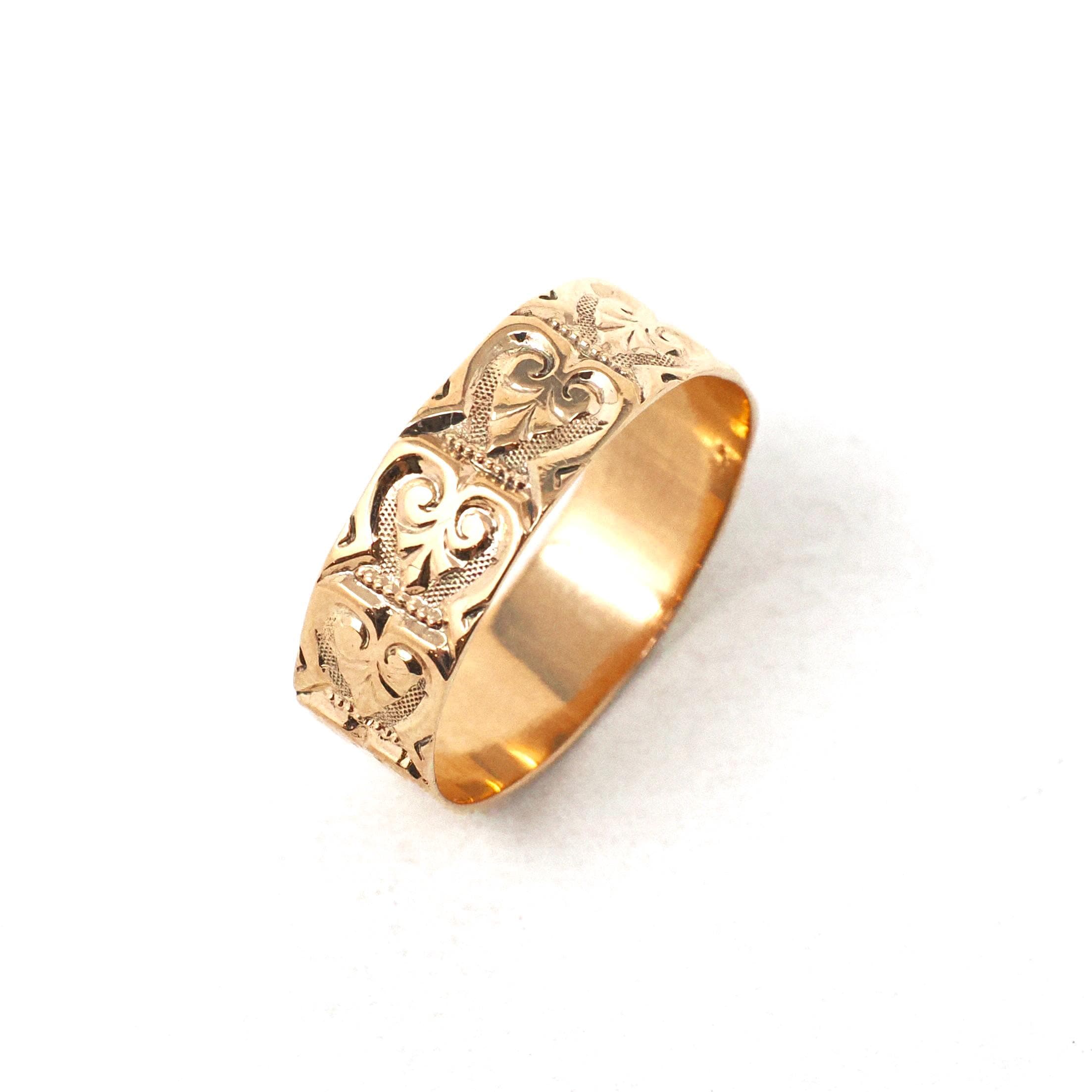 Antique Cigar Band - Edwardian 10k Rose Gold Nature Inspired Scroll Floral Design Ring - Circa 1890s Era Size 8 1/4 Statement Fine Jewelry