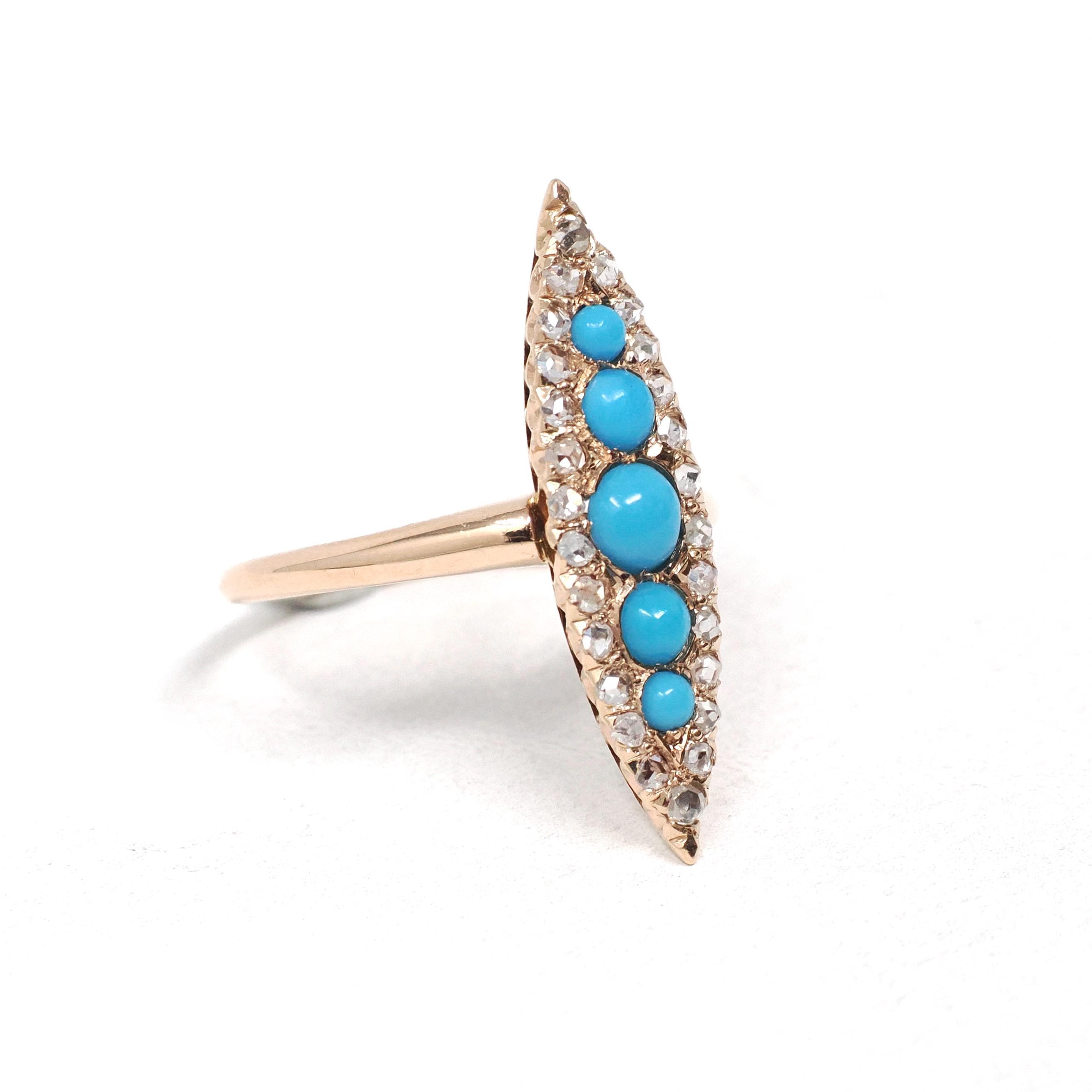 Antique Navette Ring - Victorian 10k Gold Natural Rose Cut Diamonds & Simulated Turquoise Statement - Vintage Circa 1900 Size 7 Fine Jewelry
