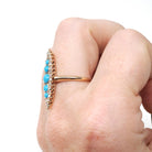 Antique Navette Ring - Victorian 10k Gold Natural Rose Cut Diamonds & Simulated Turquoise Statement - Vintage Circa 1900 Size 7 Fine Jewelry