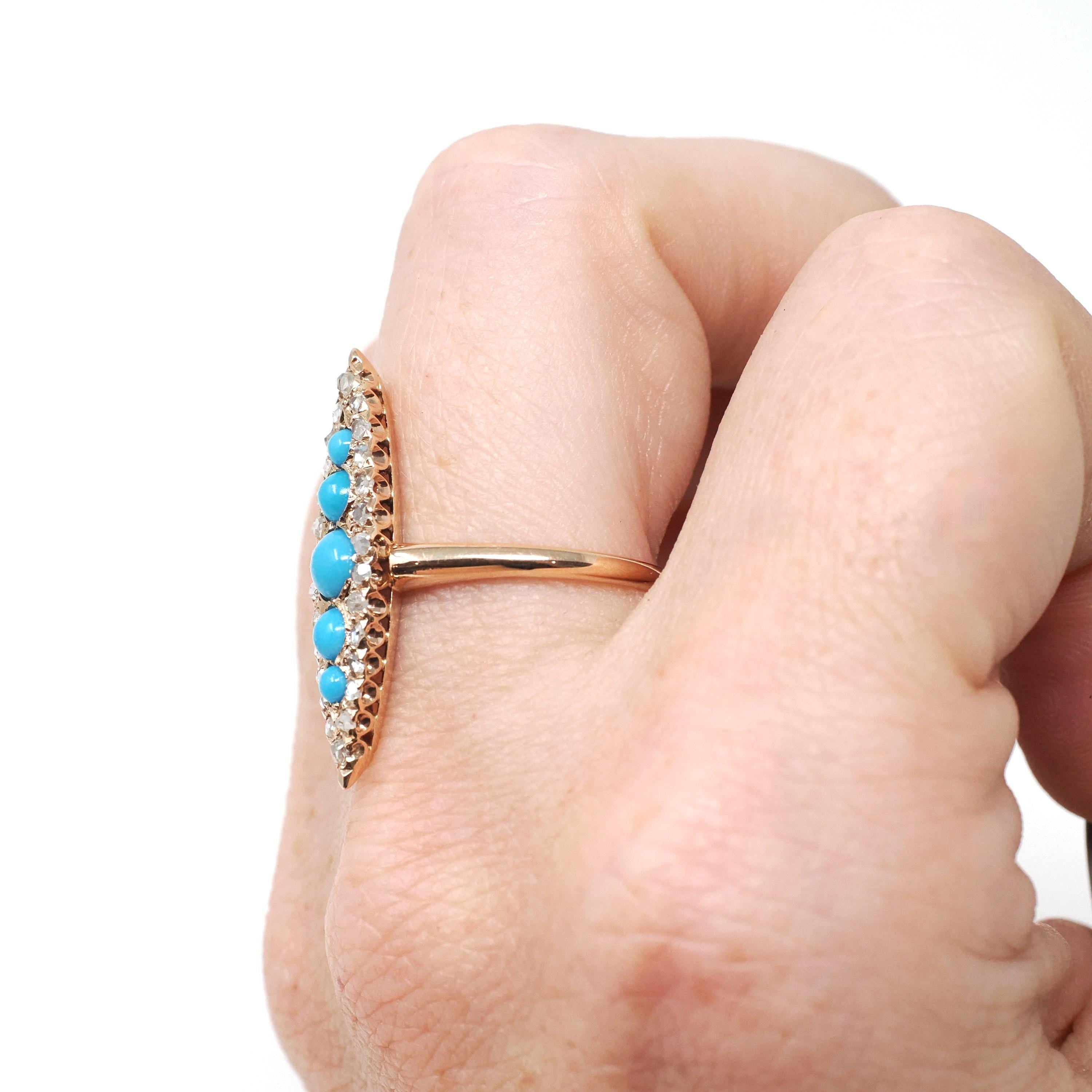 Antique Navette Ring - Victorian 10k Gold Natural Rose Cut Diamonds & Simulated Turquoise Statement - Vintage Circa 1900 Size 7 Fine Jewelry