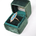 Antique Navette Ring - Victorian 10k Gold Natural Rose Cut Diamonds & Simulated Turquoise Statement - Vintage Circa 1900 Size 7 Fine Jewelry