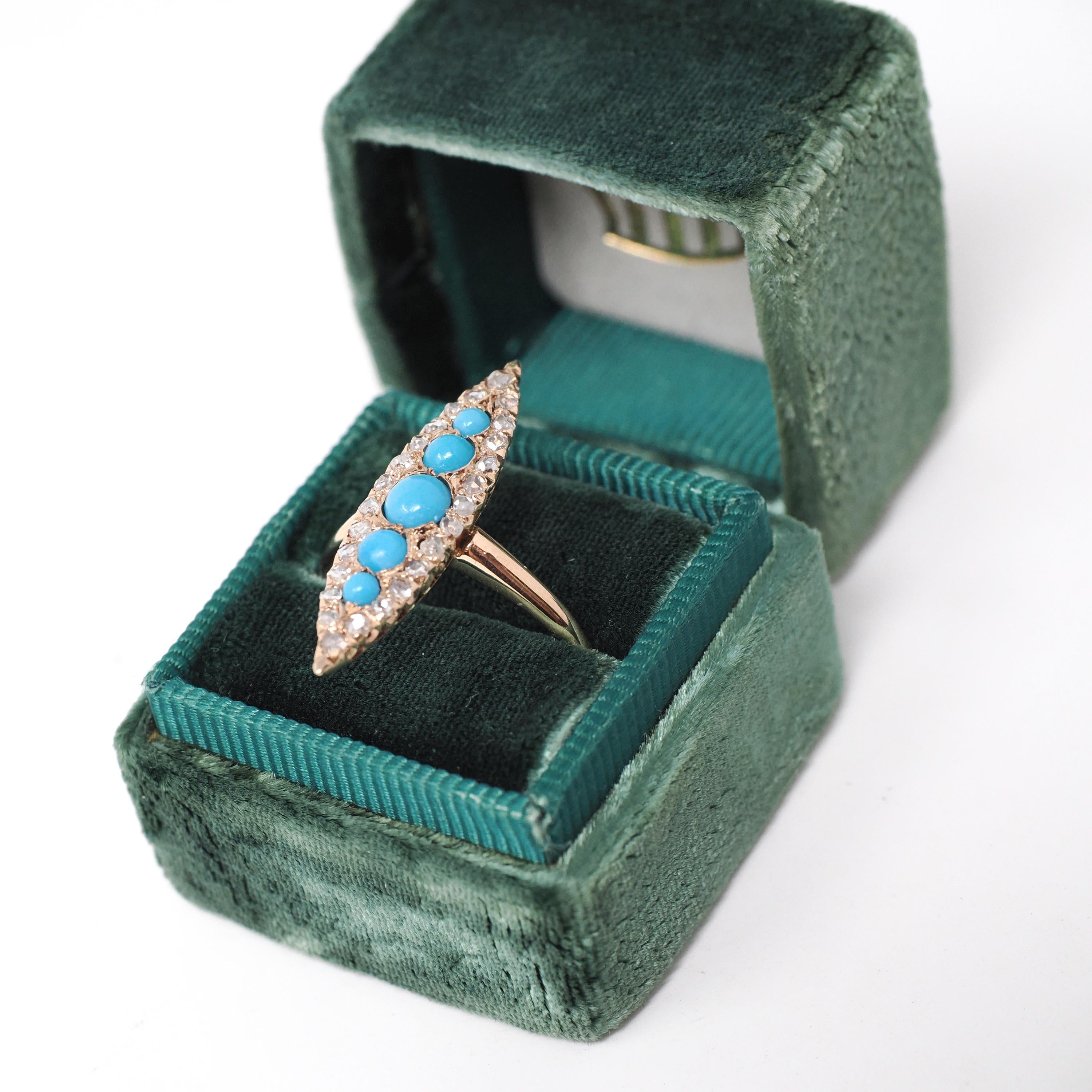 Antique Navette Ring - Victorian 10k Gold Natural Rose Cut Diamonds & Simulated Turquoise Statement - Vintage Circa 1900 Size 7 Fine Jewelry