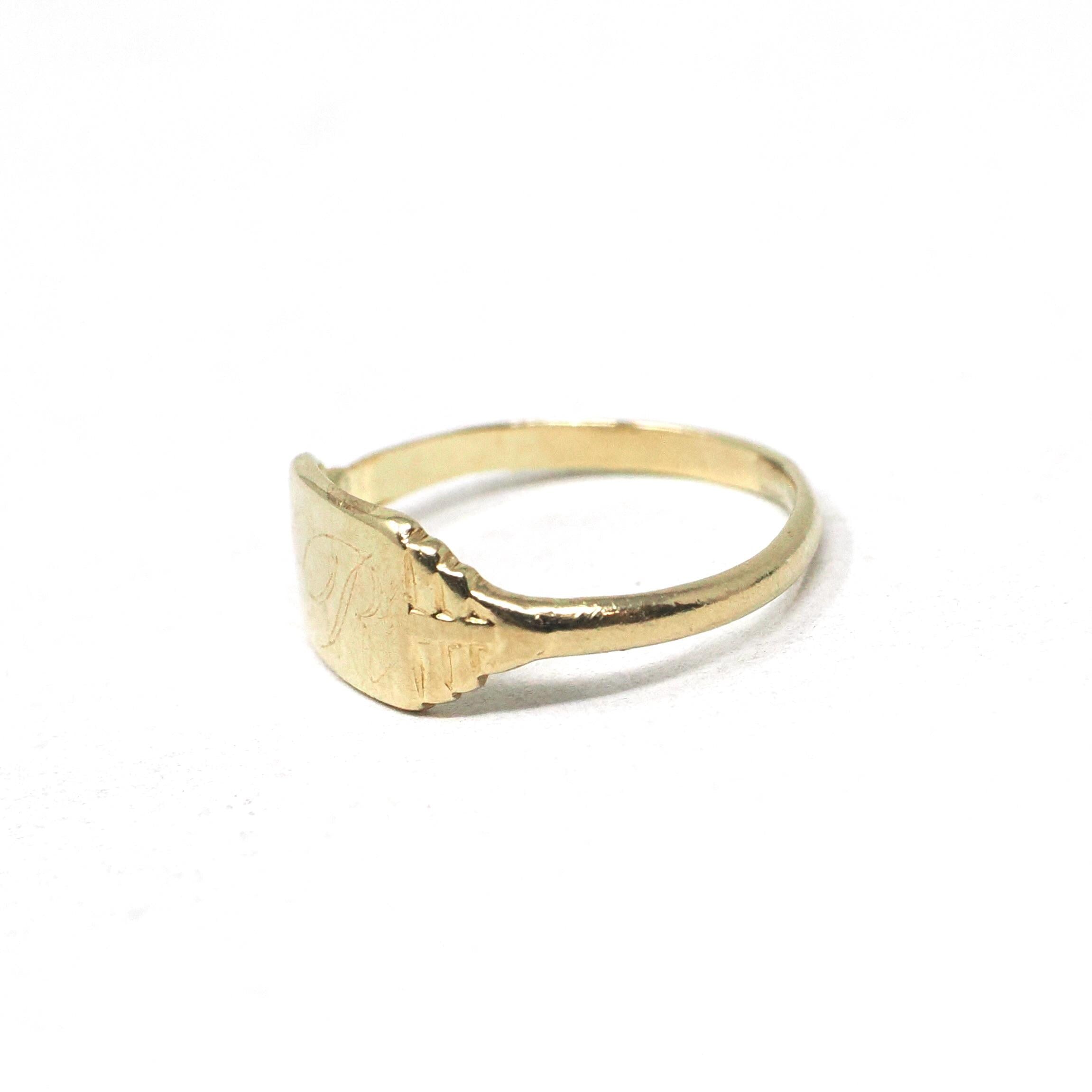 Vintage "R" Signet Ring - Mid Century 10k Yellow Gold Engraved Initial Script Letter - Circa 1940s Era Size 1 Petite Midi Pinky Fine Jewelry