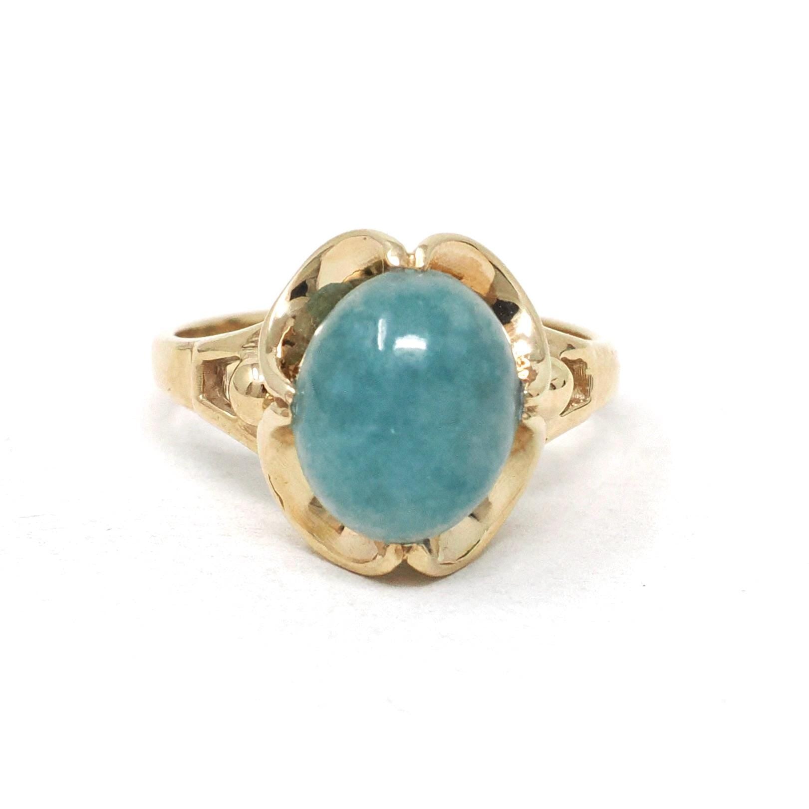 Vintage Jadeite Ring - Retro 10k Yellow Gold Green Blue Oval Cabochon Jade Gemstone - Retro Circa 1960s Era Size 5.25 Fine Solitaire Jewelry