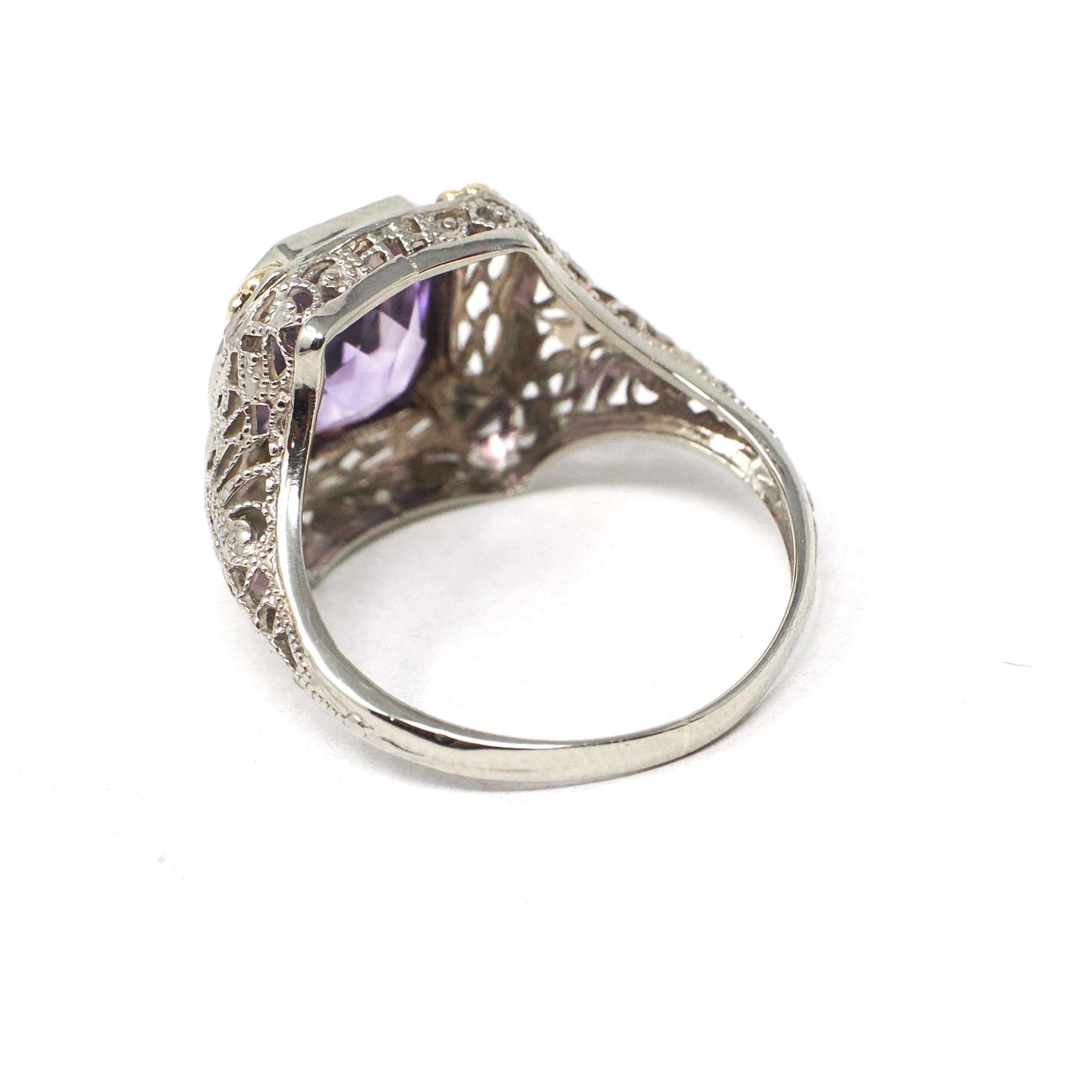 Vintage Amethyst Ring - Art Deco 14k White Gold Filigree French Cut Purple Gem - Circa 1930s Era Size 6 1/4 Floral Two Tone Fine Jewelry