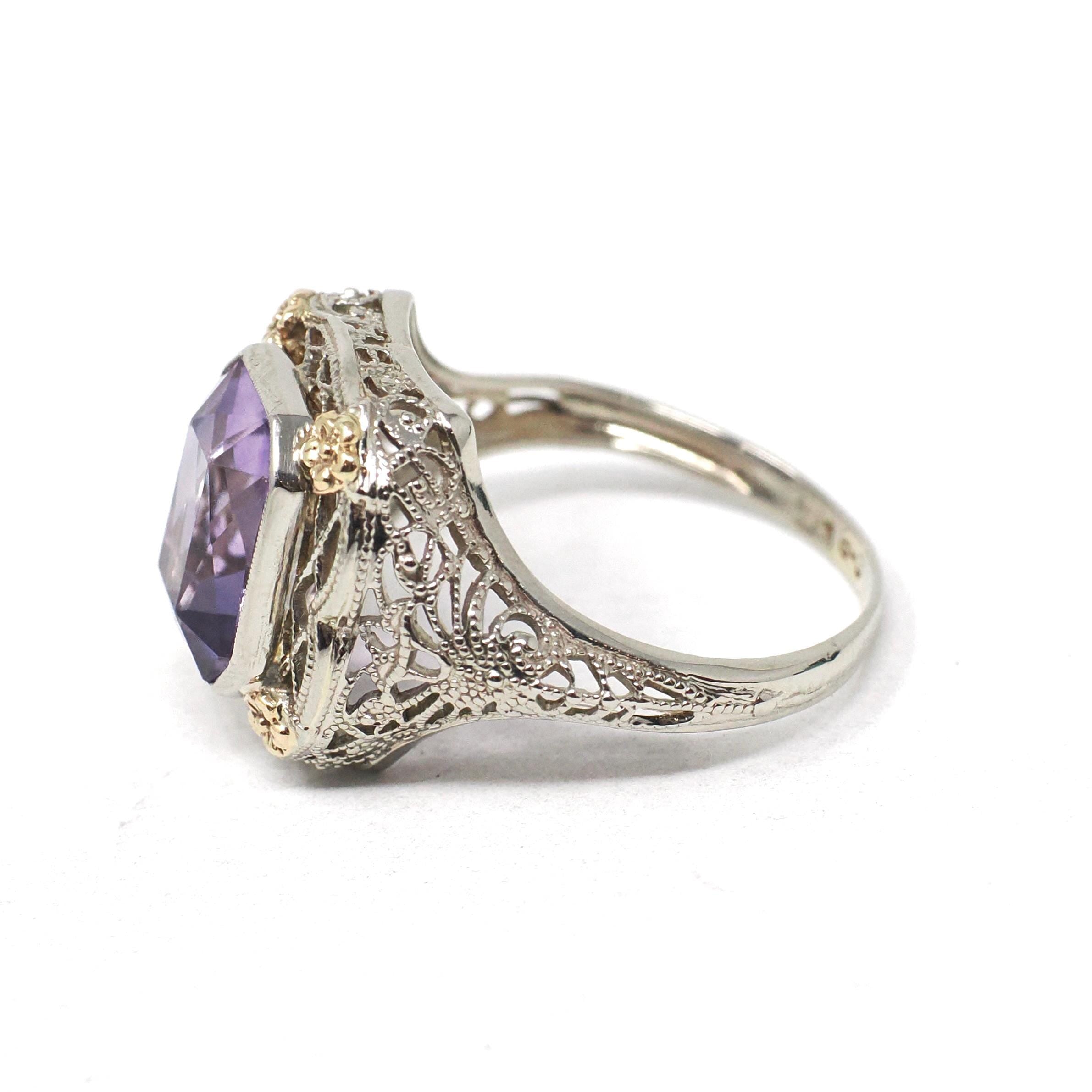 Vintage Amethyst Ring - Art Deco 14k White Gold Filigree French Cut Purple Gem - Circa 1930s Era Size 6 1/4 Floral Two Tone Fine Jewelry