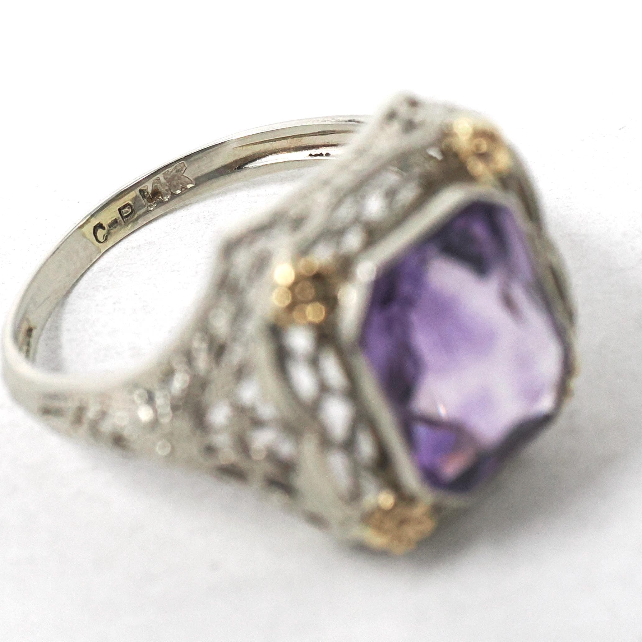 Vintage Amethyst Ring - Art Deco 14k White Gold Filigree French Cut Purple Gem - Circa 1930s Era Size 6 1/4 Floral Two Tone Fine Jewelry