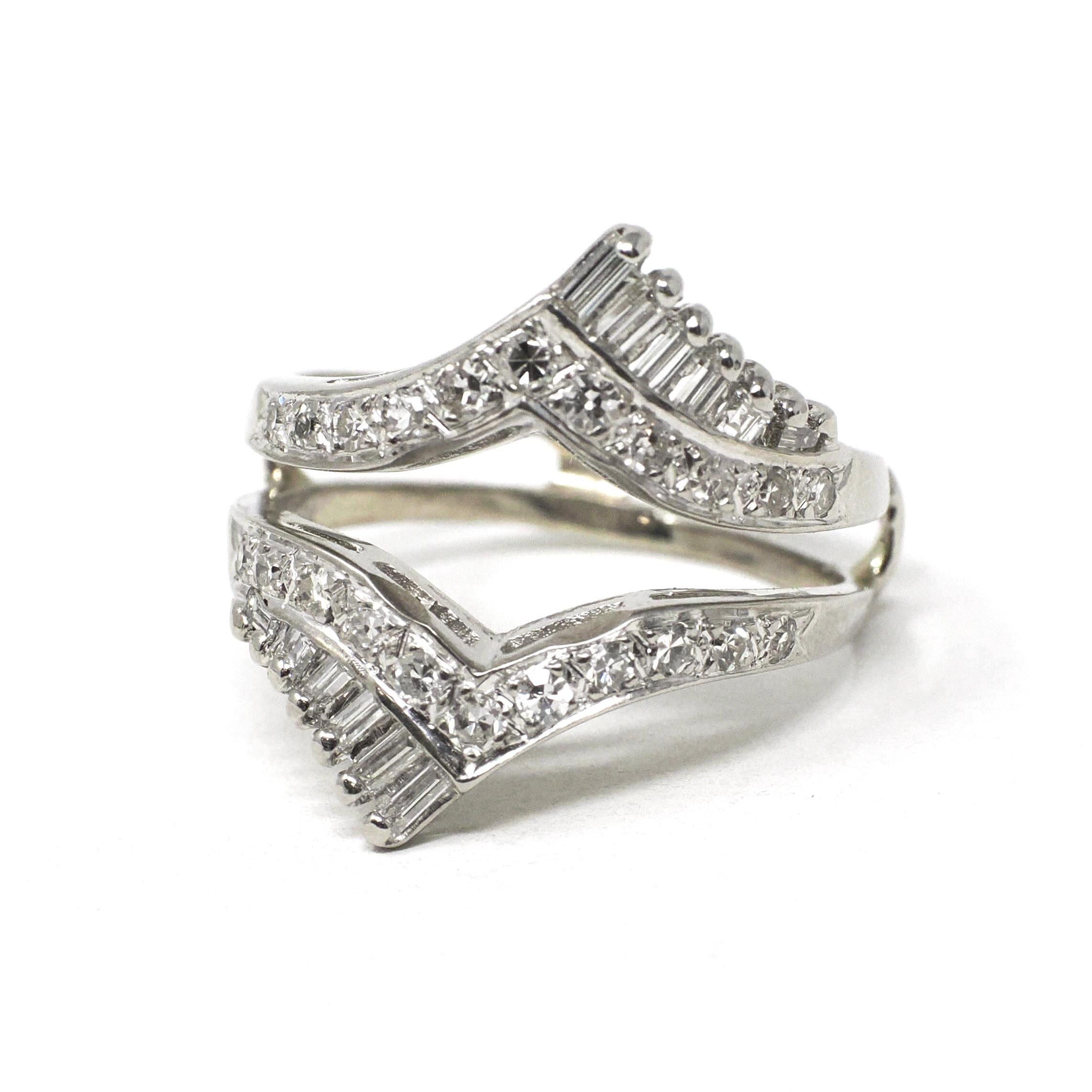 Diamond Wedding Ring Jacket - Vintage 14k White Gold Natural Baguette Round Gemstones Bridal Insert - Modern Estate Size 7 1/2 Fine Jewelry