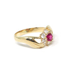 Hand Bypass Ring - Modern 14k Yellow Gold Created Ruby & CZ Flower Halo - Estate Circa 2000s Size 11 1/2 Clasping Figural Flora Fine Jewelry