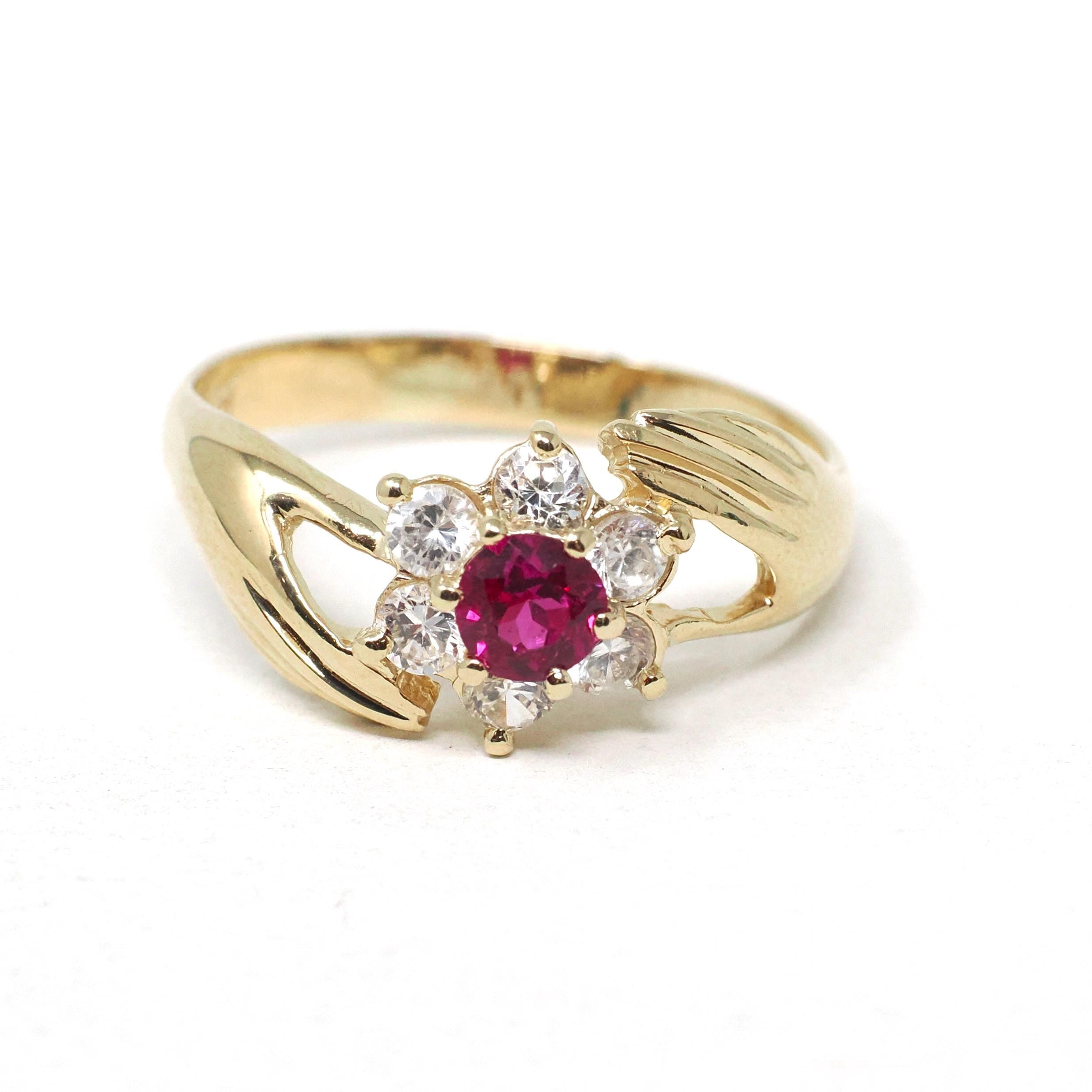 Hand Bypass Ring - Modern 14k Yellow Gold Created Ruby & CZ Flower Halo - Estate Circa 2000s Size 11 1/2 Clasping Figural Flora Fine Jewelry
