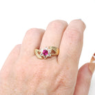 Hand Bypass Ring - Modern 14k Yellow Gold Created Ruby & CZ Flower Halo - Estate Circa 2000s Size 11 1/2 Clasping Figural Flora Fine Jewelry