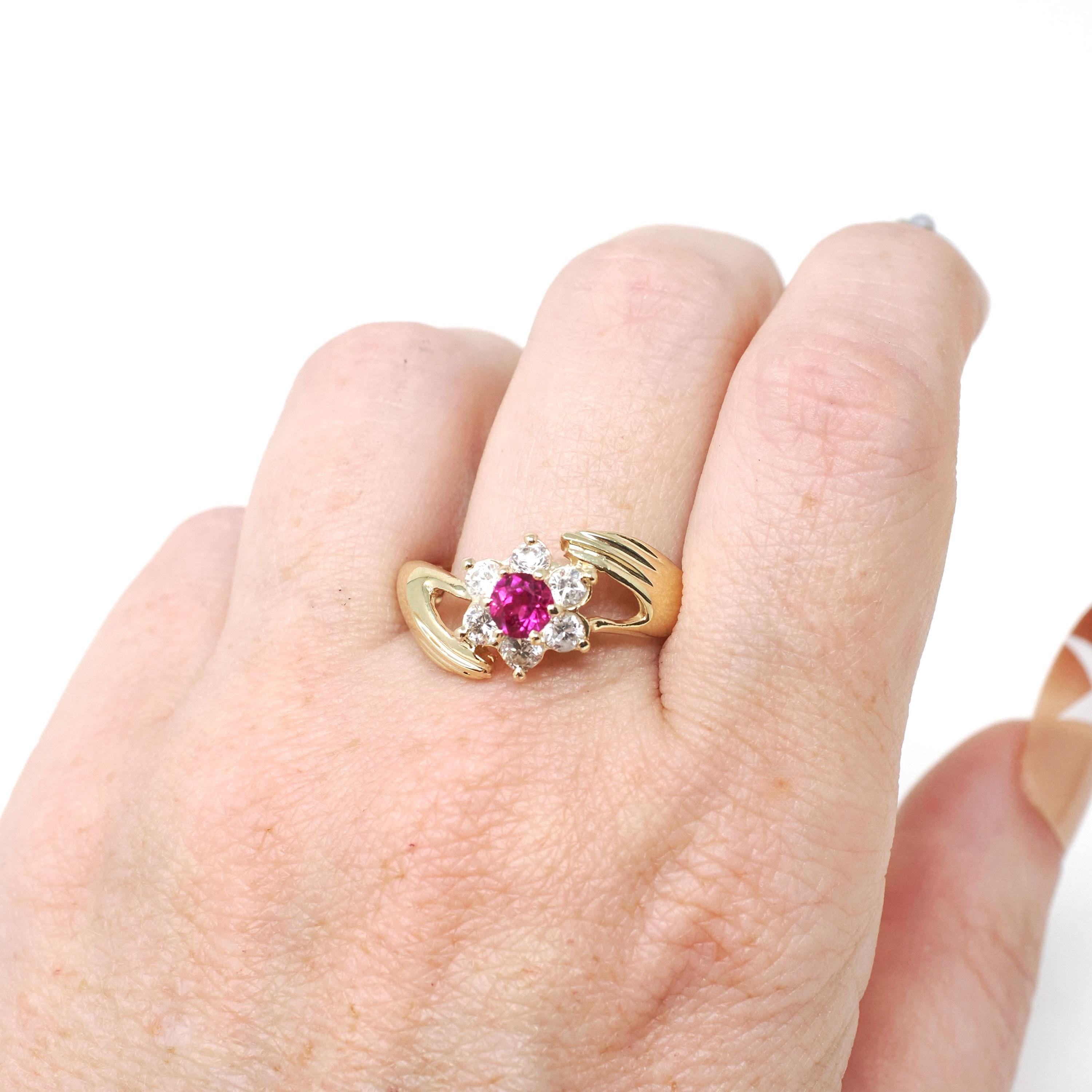 Hand Bypass Ring - Modern 14k Yellow Gold Created Ruby & CZ Flower Halo - Estate Circa 2000s Size 11 1/2 Clasping Figural Flora Fine Jewelry