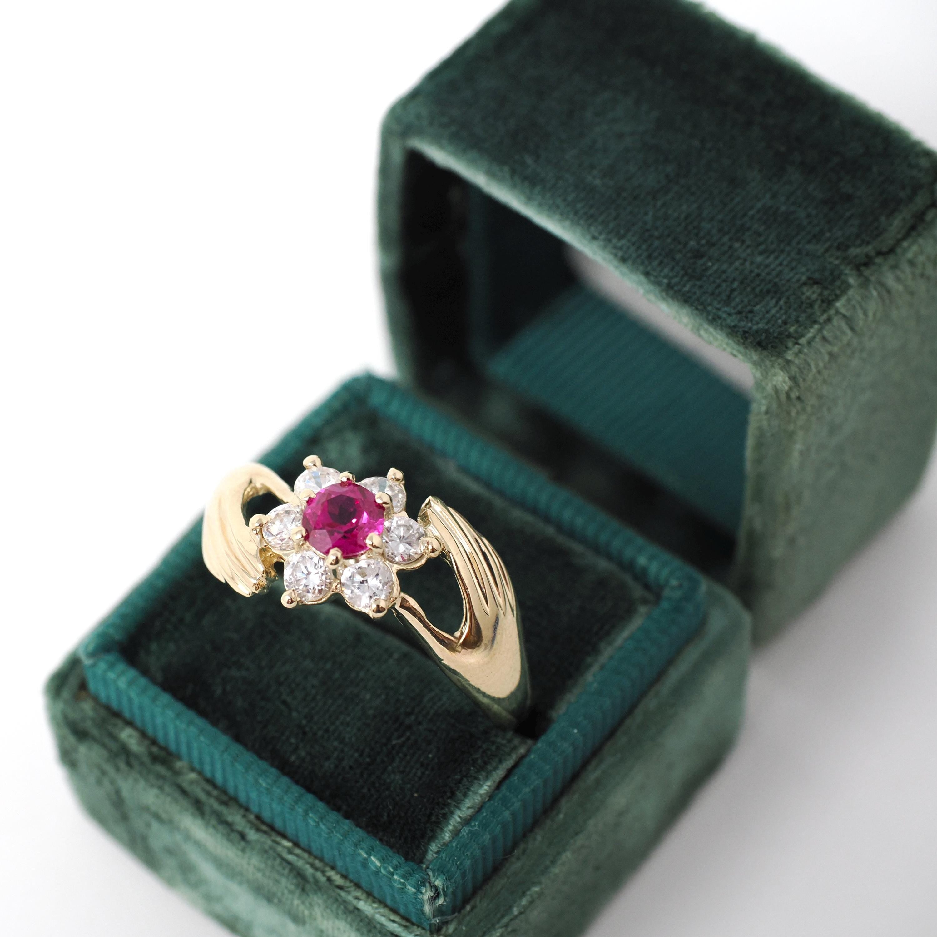 Hand Bypass Ring - Modern 14k Yellow Gold Created Ruby & CZ Flower Halo - Estate Circa 2000s Size 11 1/2 Clasping Figural Flora Fine Jewelry