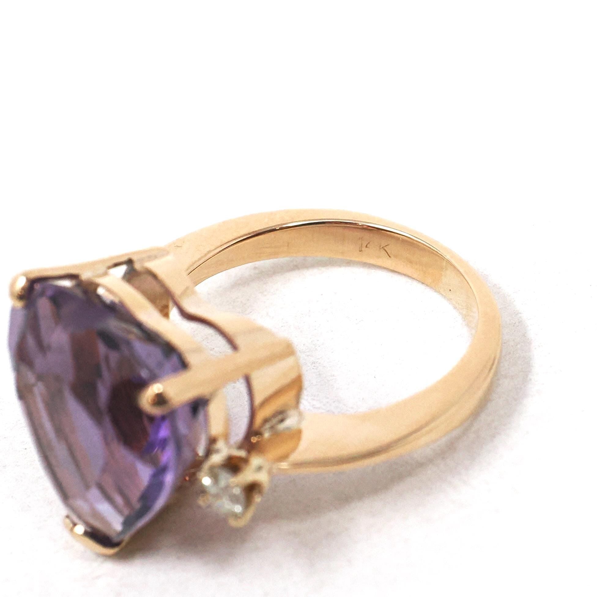 Amethyst Heart Ring - Estate 14k Yellow Gold Purple Gem & .16 CTW Diamonds - Modern Circa 2000s Era Size 5 February Birthstone Fine Jewelry