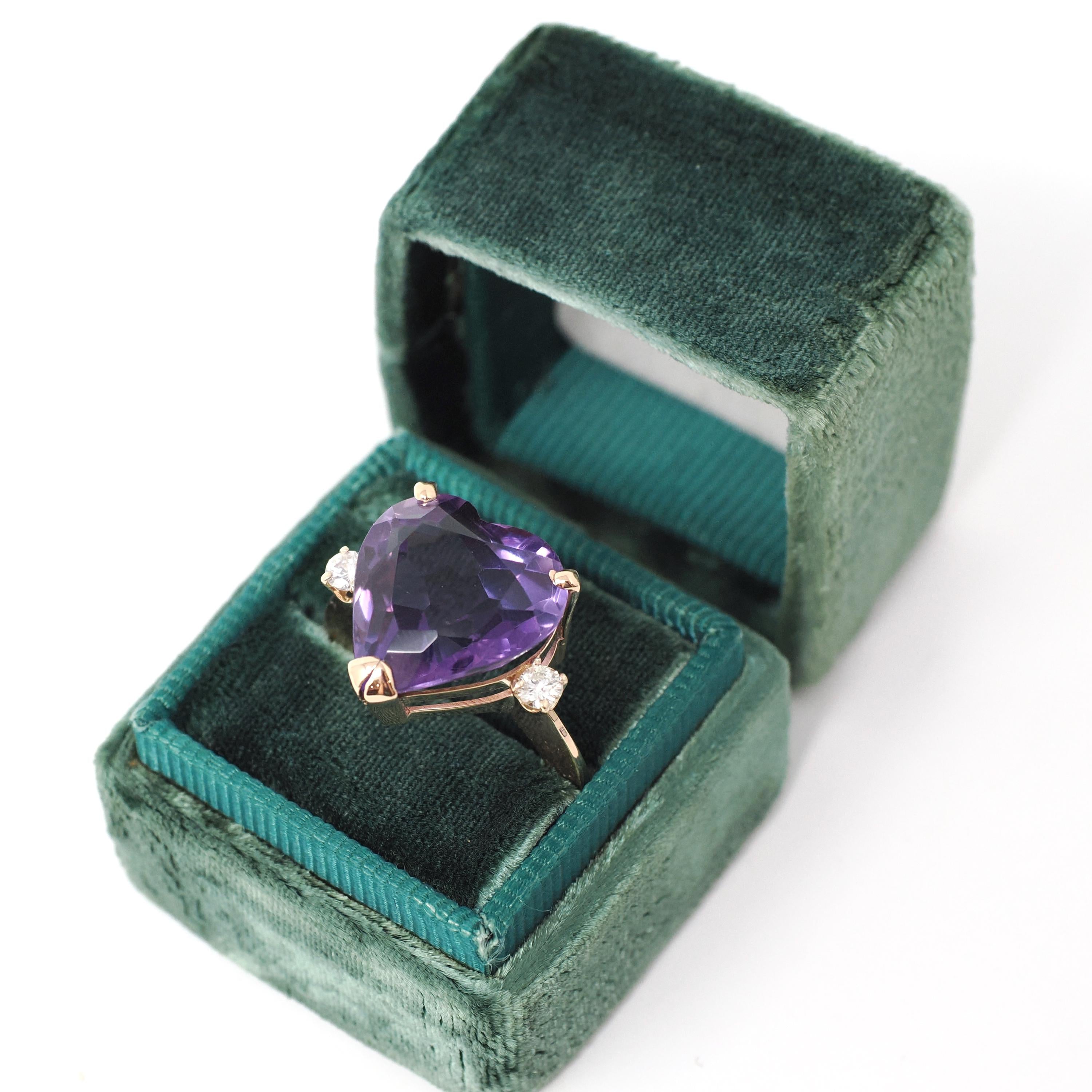 Amethyst Heart Ring - Estate 14k Yellow Gold Purple Gem & .16 CTW Diamonds - Modern Circa 2000s Era Size 5 February Birthstone Fine Jewelry