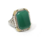 Art Deco Ring - Vintage 14k White Gold Dyed Green Chalcedony & Seed Pearl Halo - Circa 1930s Size 5.75 Two Tone Floral Filigree Fine Jewelry