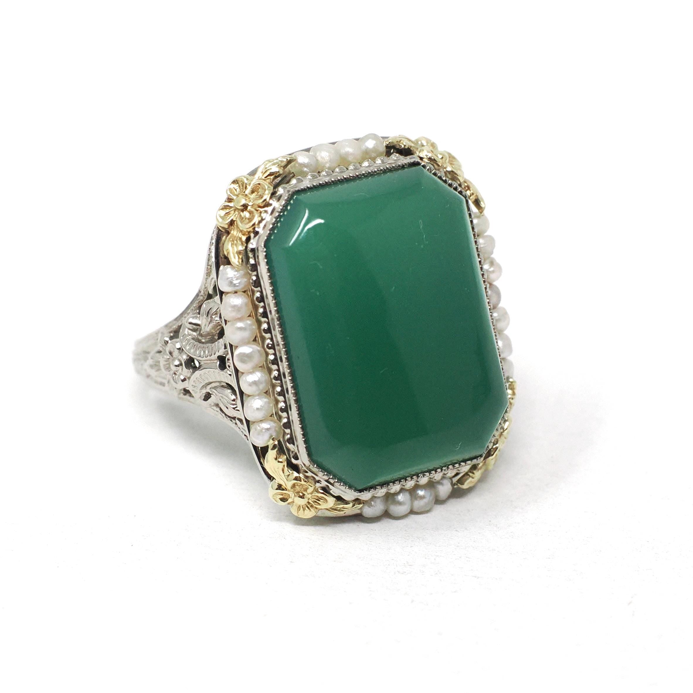 Art Deco Ring - Vintage 14k White Gold Dyed Green Chalcedony & Seed Pearl Halo - Circa 1930s Size 5.75 Two Tone Floral Filigree Fine Jewelry