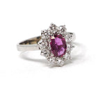 Pink Sapphire Halo Ring - Estate 14k White Gold Diamond Cluster Engagement - Circa 1990s Era Size 7 July Birthstone Anniversary Fine Jewelry