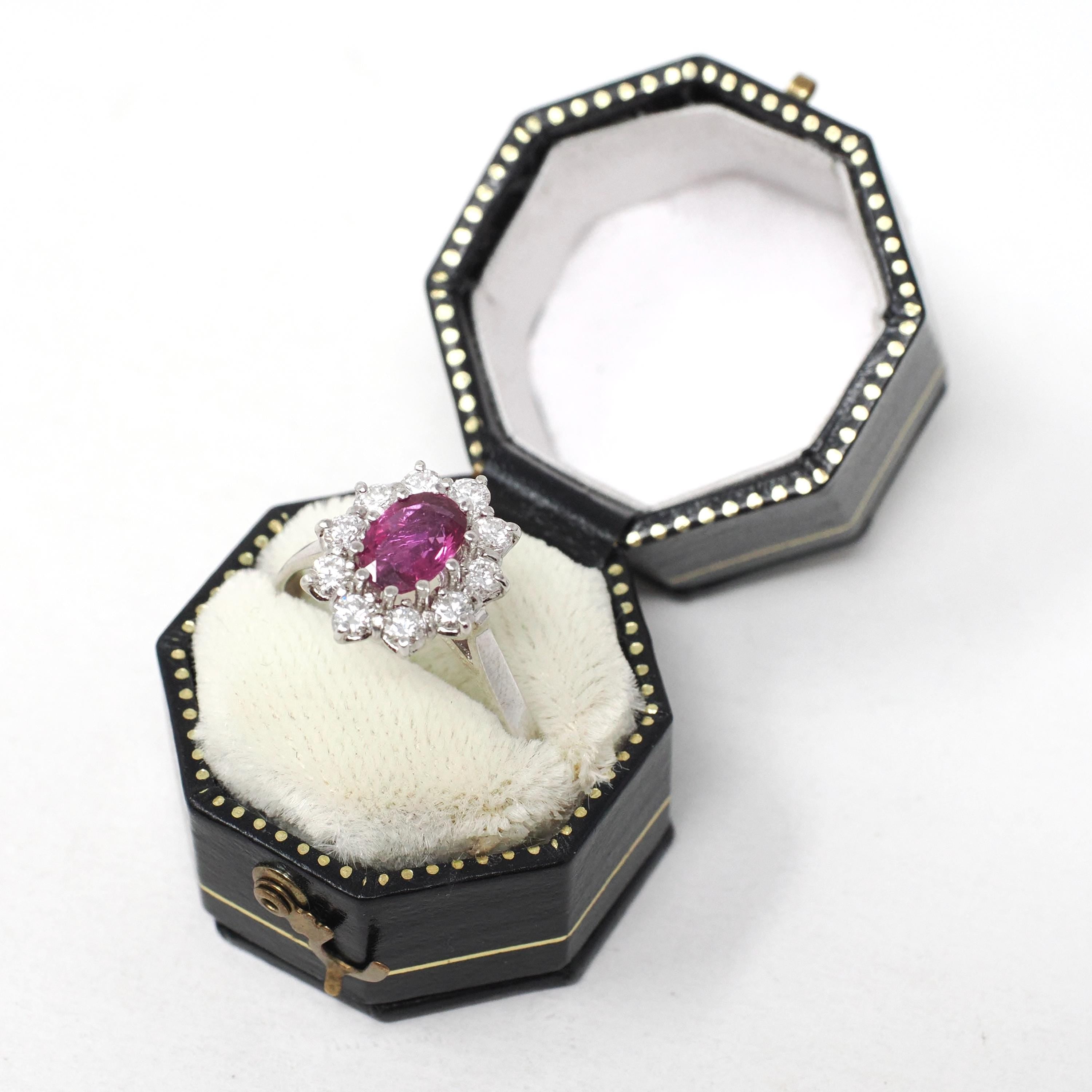 Pink Sapphire Halo Ring - Estate 14k White Gold Diamond Cluster Engagement - Circa 1990s Era Size 7 July Birthstone Anniversary Fine Jewelry