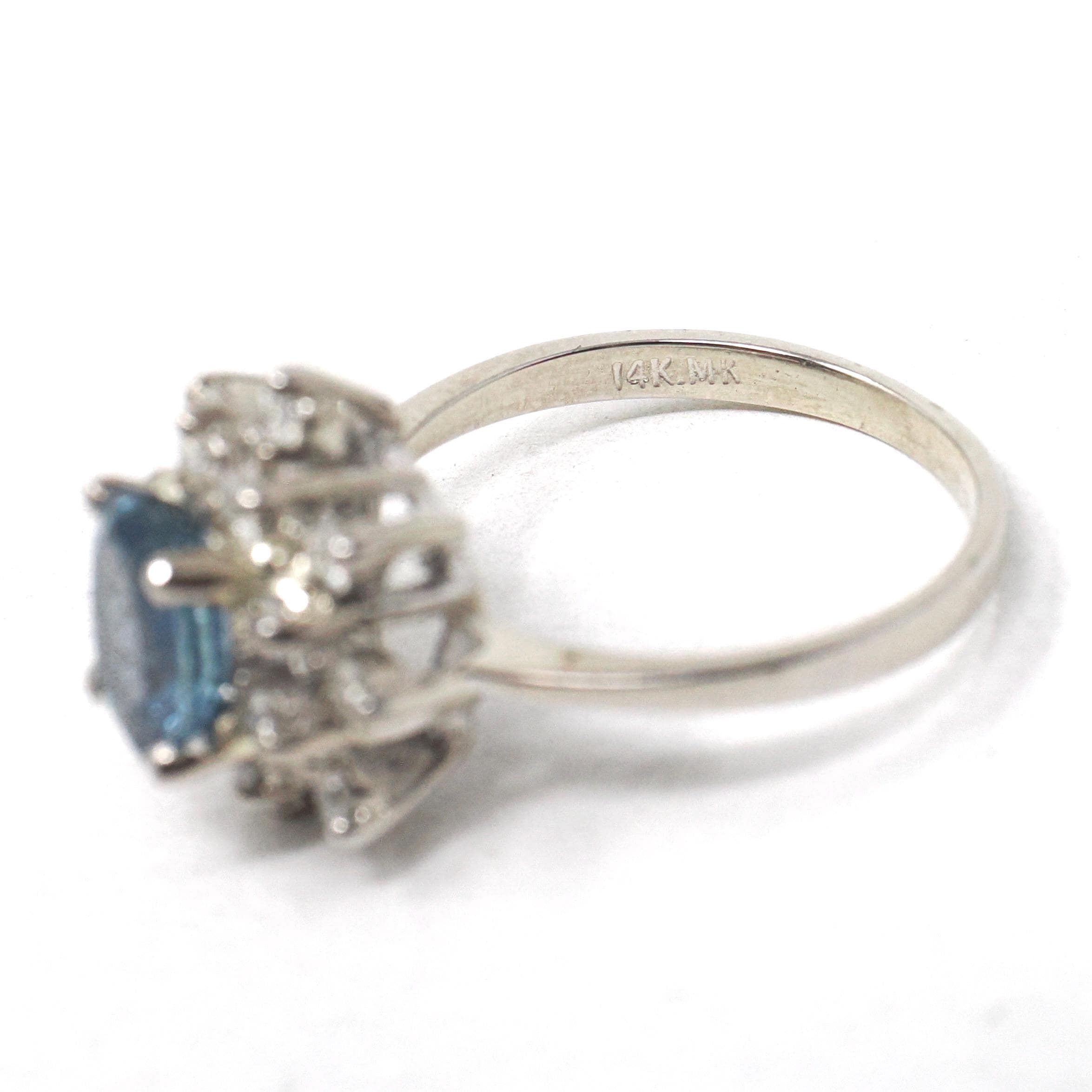 Sapphire & Diamond Ring - Estate 14k White Gold Oval Blue Corundum Gem .45 CTW Ballerina Halo - Modern Era Size 5.5 Engagement Fine Jewelry