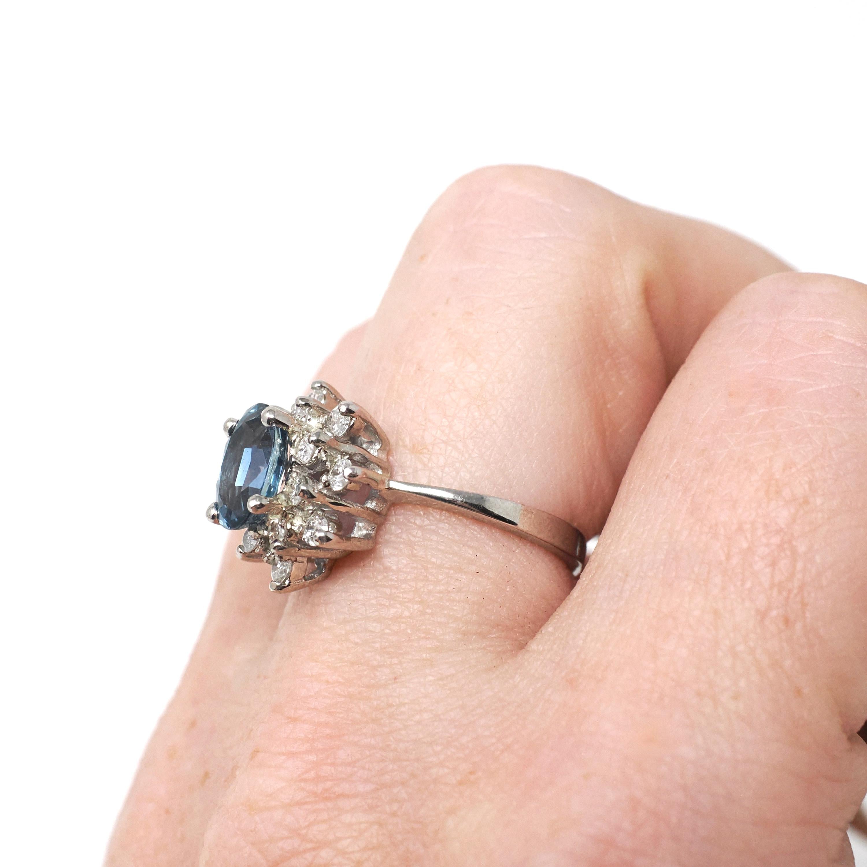 Sapphire & Diamond Ring - Estate 14k White Gold Oval Blue Corundum Gem .45 CTW Ballerina Halo - Modern Era Size 5.5 Engagement Fine Jewelry