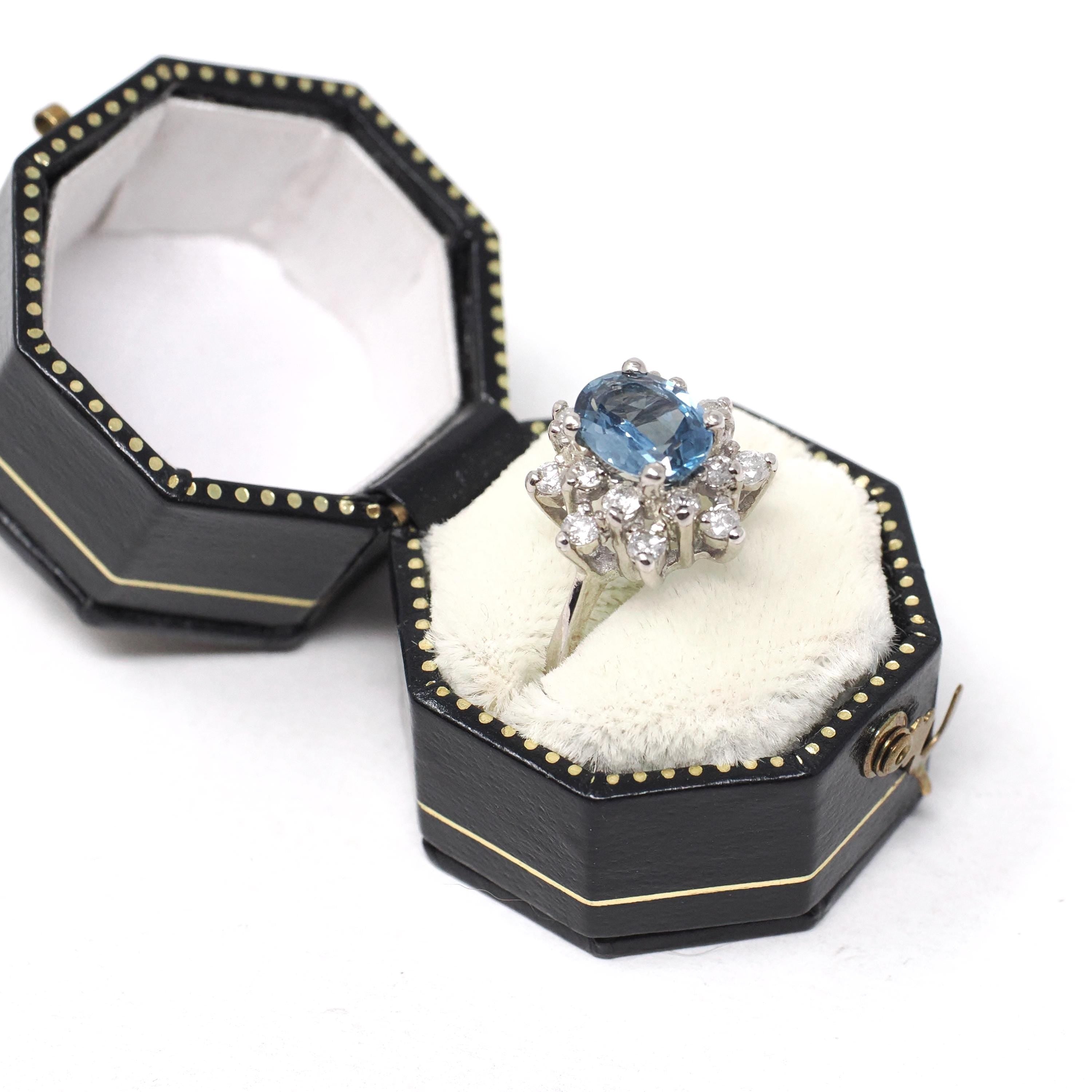 Sapphire & Diamond Ring - Estate 14k White Gold Oval Blue Corundum Gem .45 CTW Ballerina Halo - Modern Era Size 5.5 Engagement Fine Jewelry