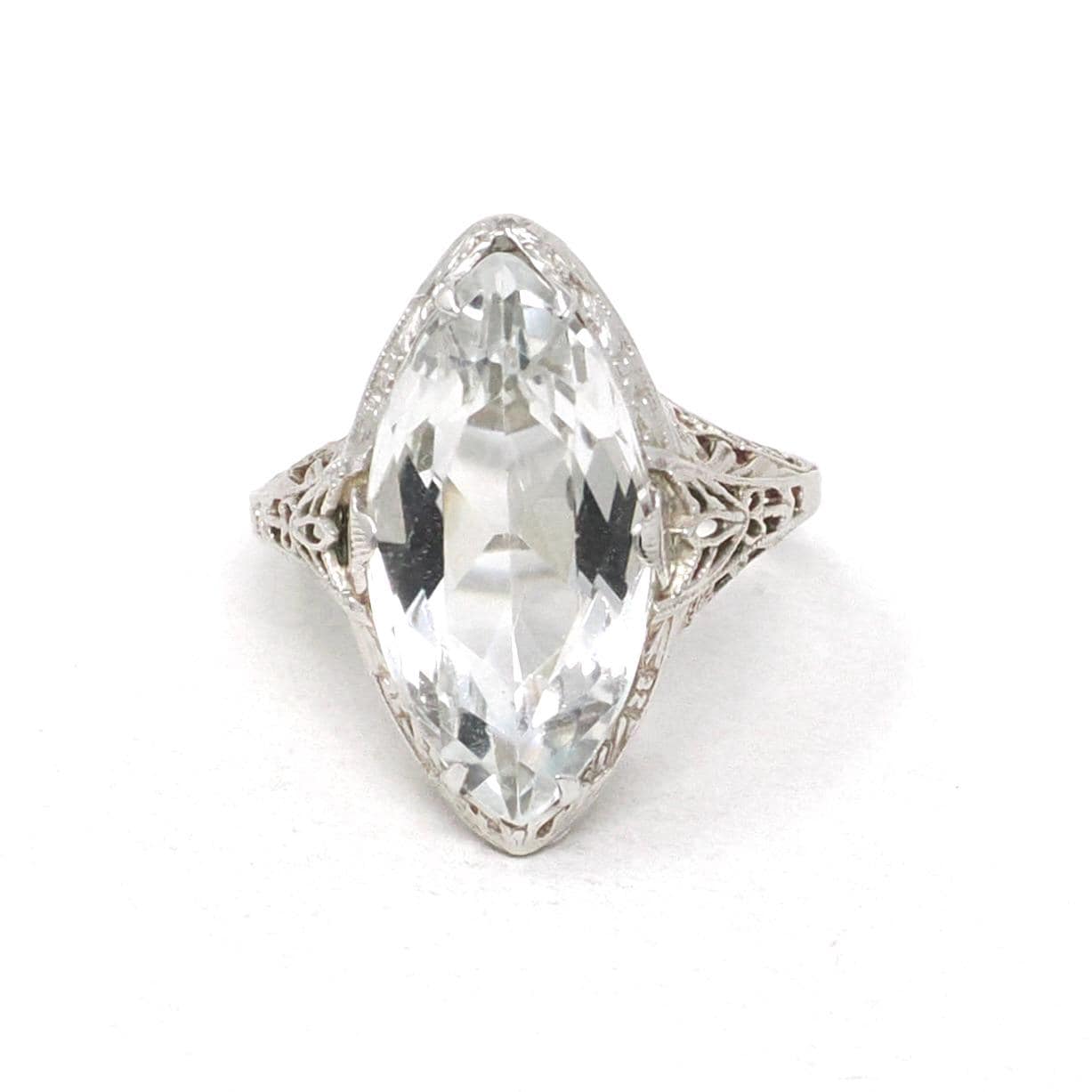 Vintage Aquamarine Ring - Art Deco 14k White Gold Blue Marquise Gemstone - Circa 1930s Era Size 4 Filigree March Birthstone Fine Jewelry